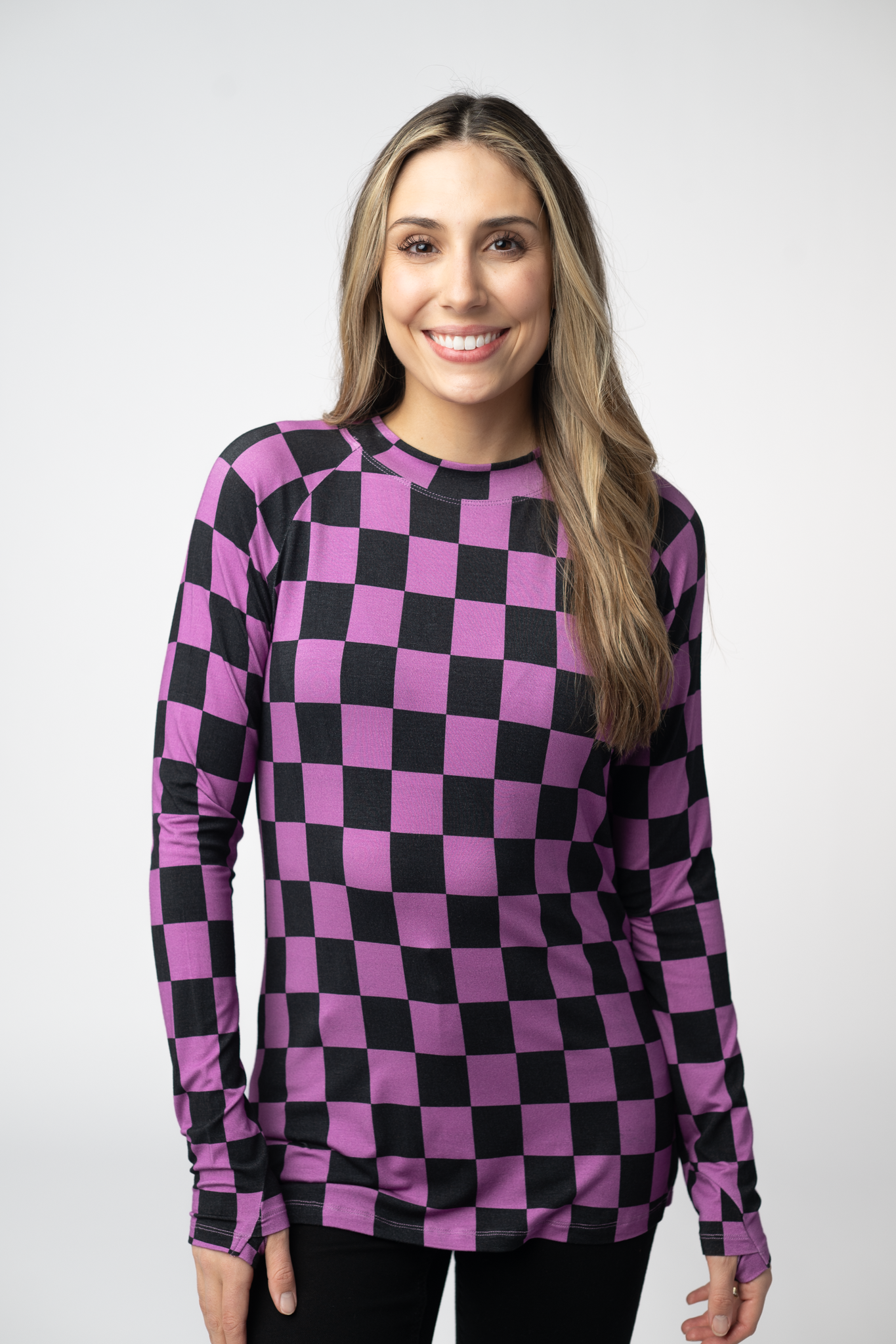 Michelle Mae Blair Long Sleeve Top - Black and Purple Checkers