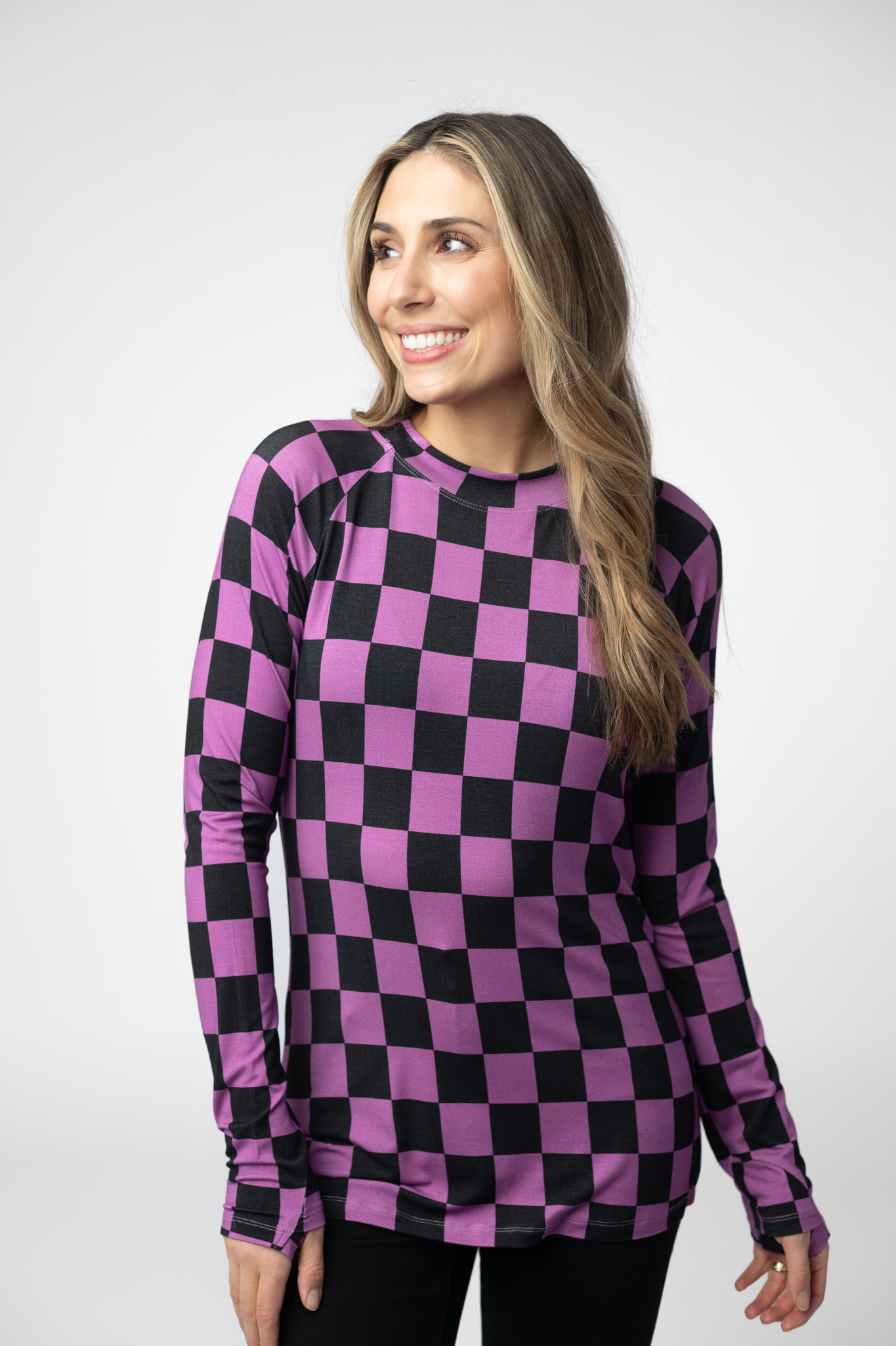 Michelle Mae Blair Long Sleeve Top - Black and Purple Checkers