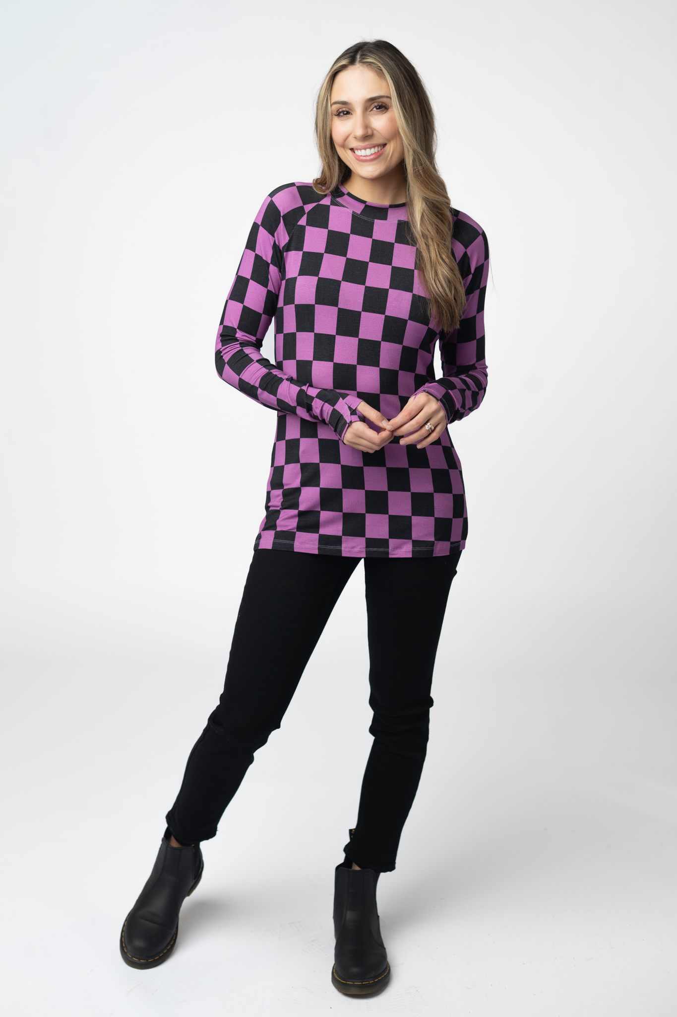 Michelle Mae Blair Long Sleeve Top - Black and Purple Checkers