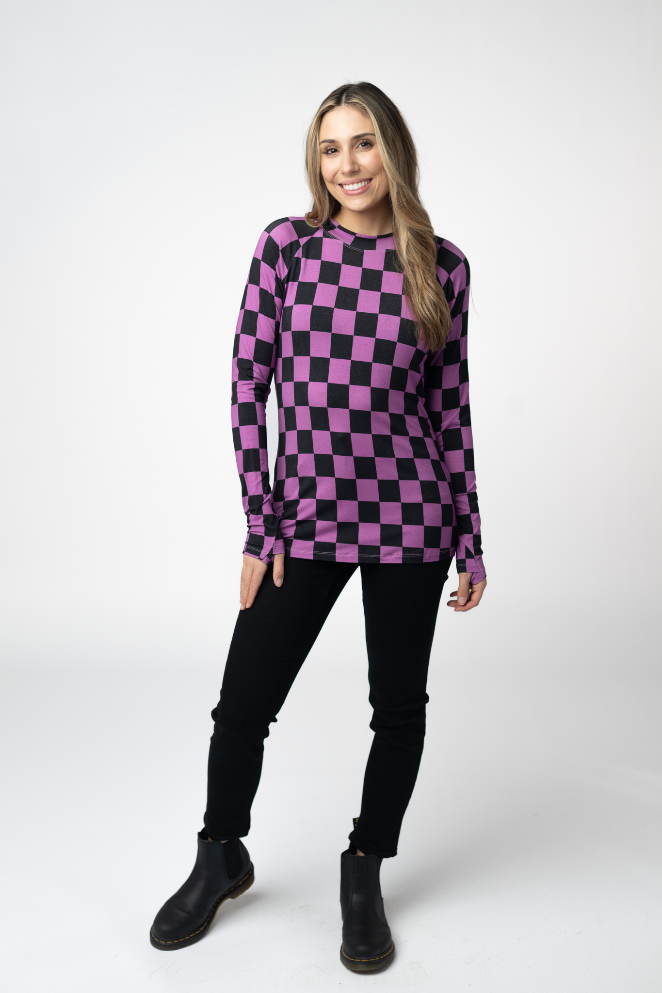 Michelle Mae Blair Long Sleeve Top - Black and Purple Checkers