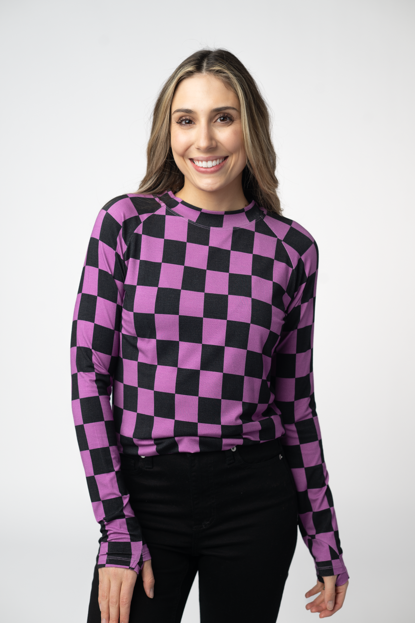 Michelle Mae Blair Long Sleeve Top - Black and Purple Checkers