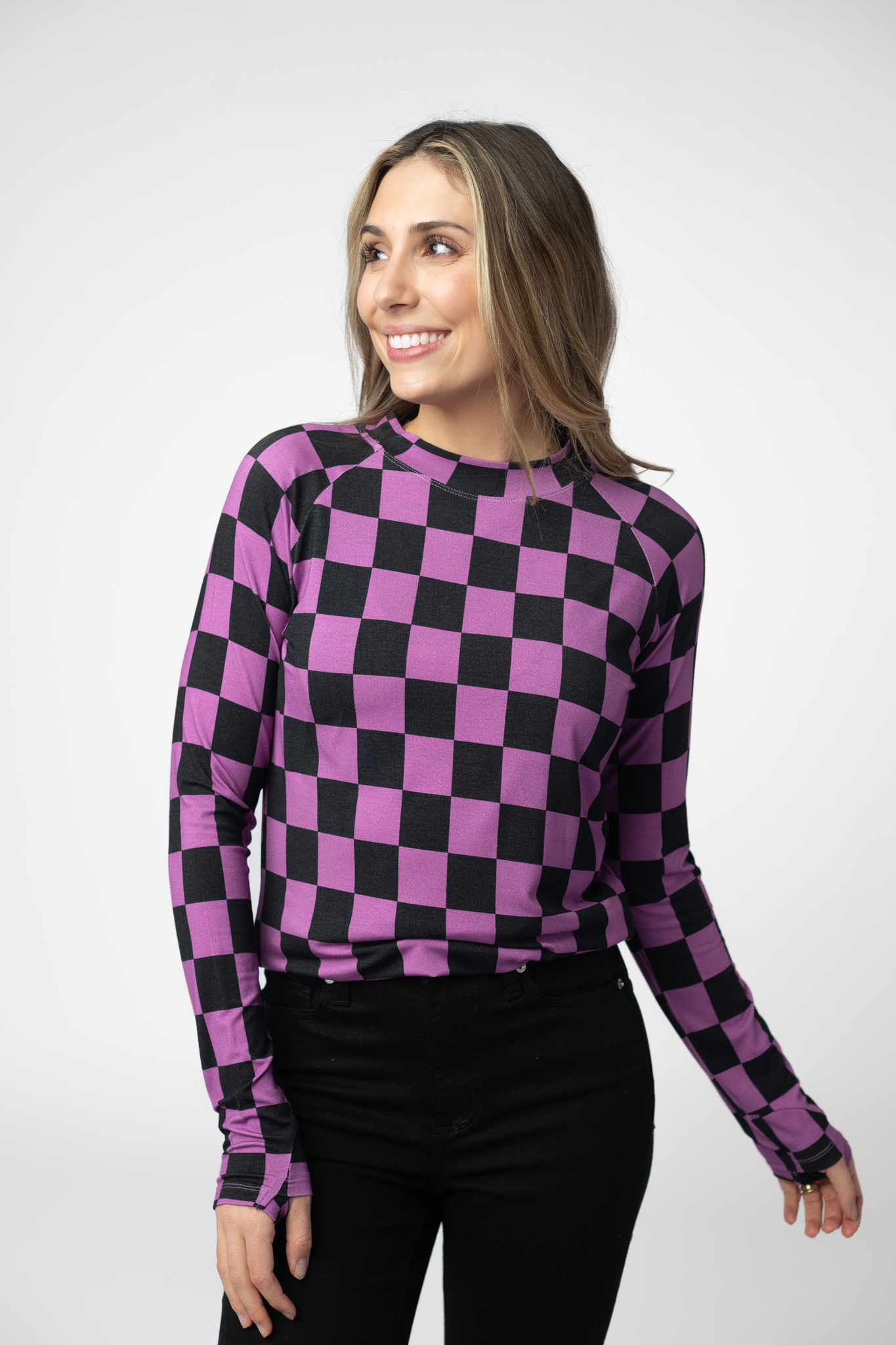 Michelle Mae Blair Long Sleeve Top - Black and Purple Checkers