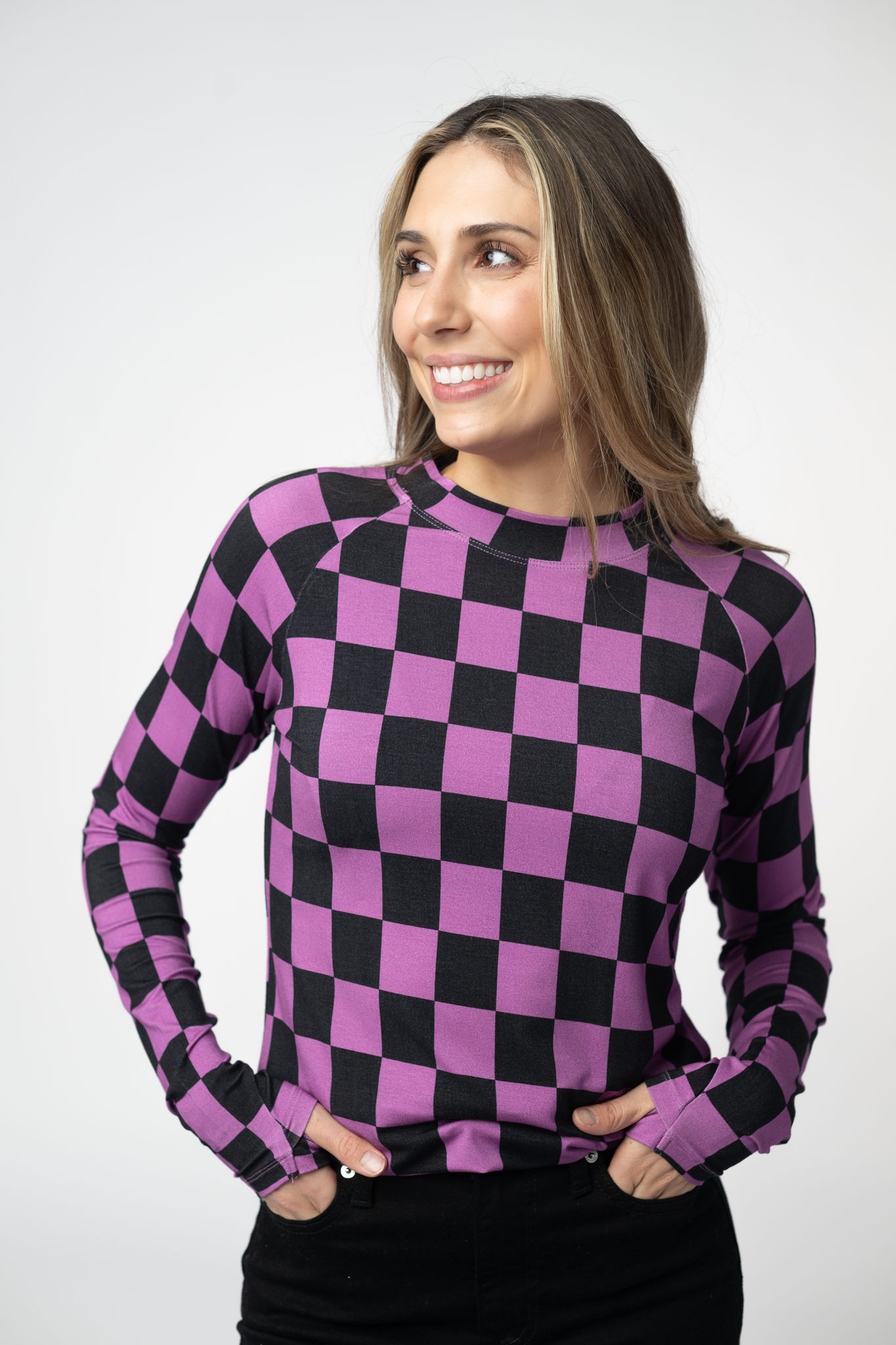 Michelle Mae Blair Long Sleeve Top - Black and Purple Checkers