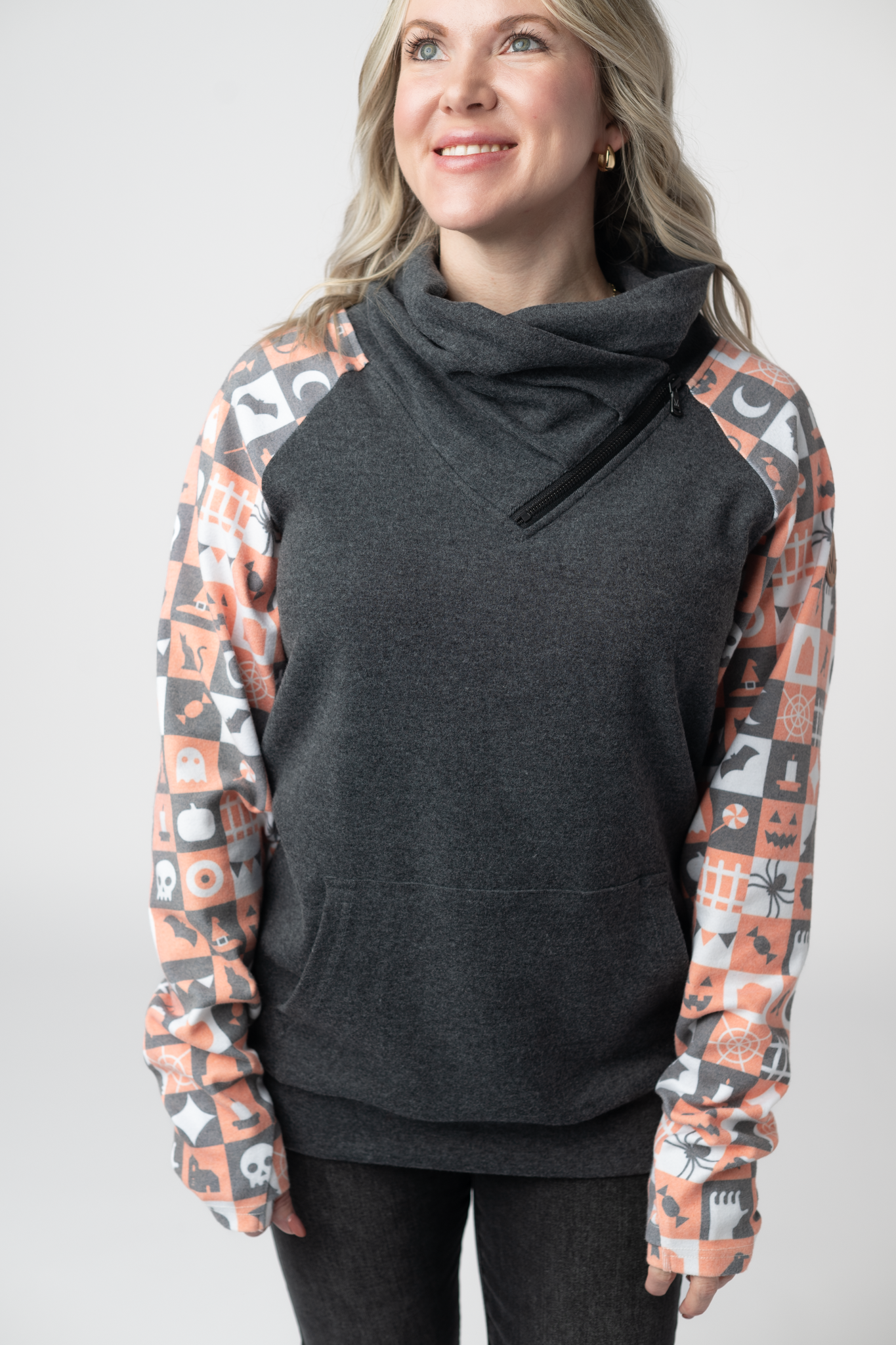 Michelle Mae Zoey ZipCowl Sweatshirt -Trick-or-Treat Checkered and Charcoal