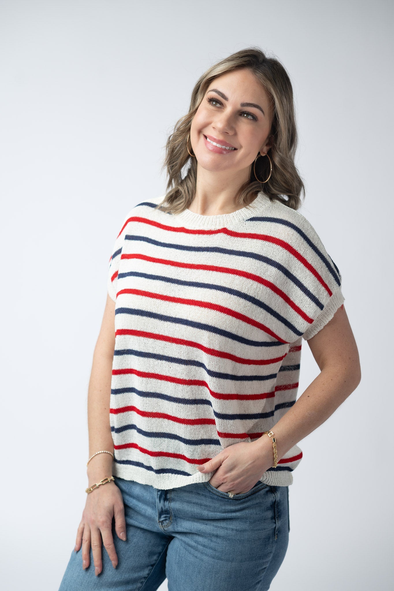 Michelle Mae Red, White, and Blue Stripes Open Knit Top