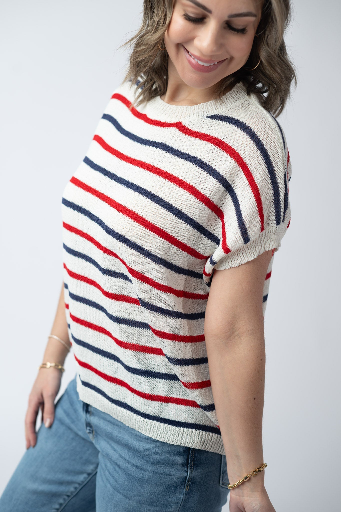 Michelle Mae Red, White, and Blue Stripes Open Knit Top