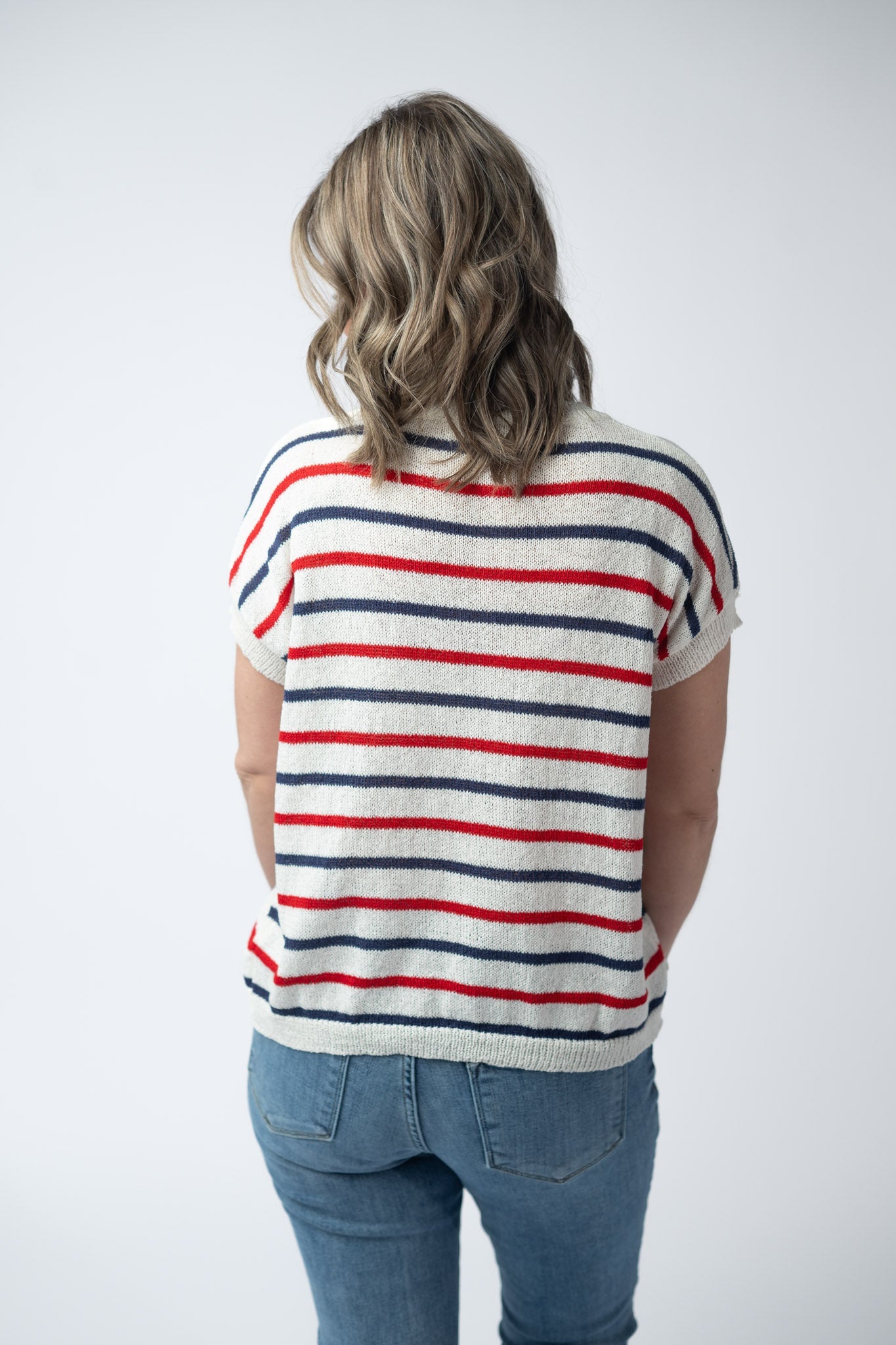 Michelle Mae Red, White, and Blue Stripes Open Knit Top
