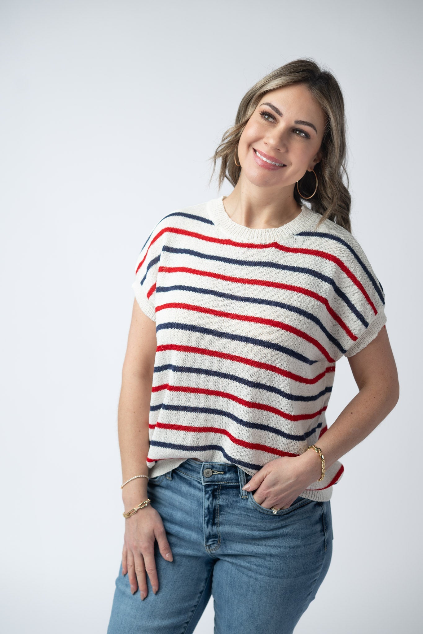 Michelle Mae Red, White, and Blue Stripes Open Knit Top