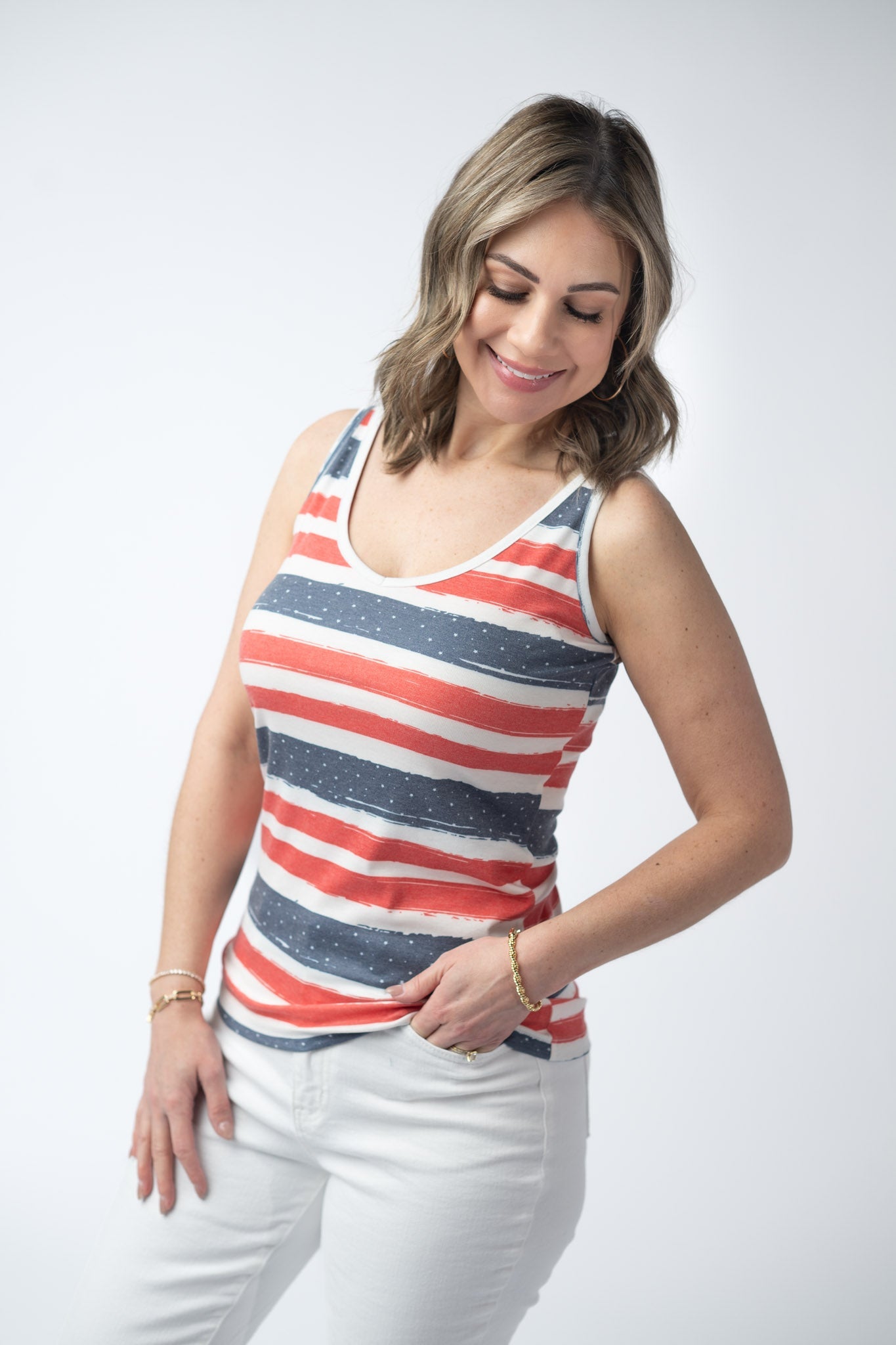 Michelle Mae Kennedy Tank - Striped Red, White, and Micro Blue Stars