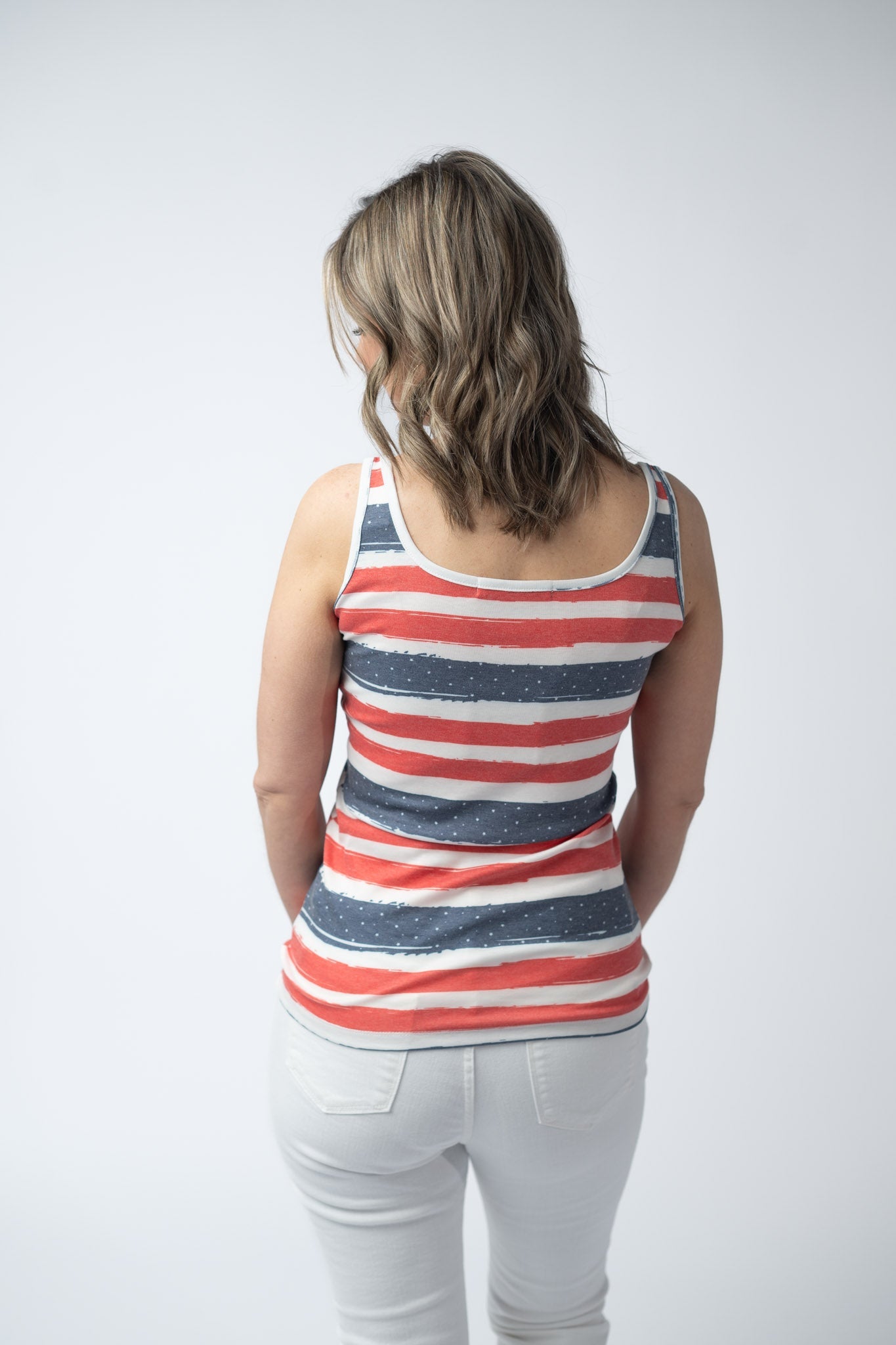 Michelle Mae Kennedy Tank - Striped Red, White, and Micro Blue Stars