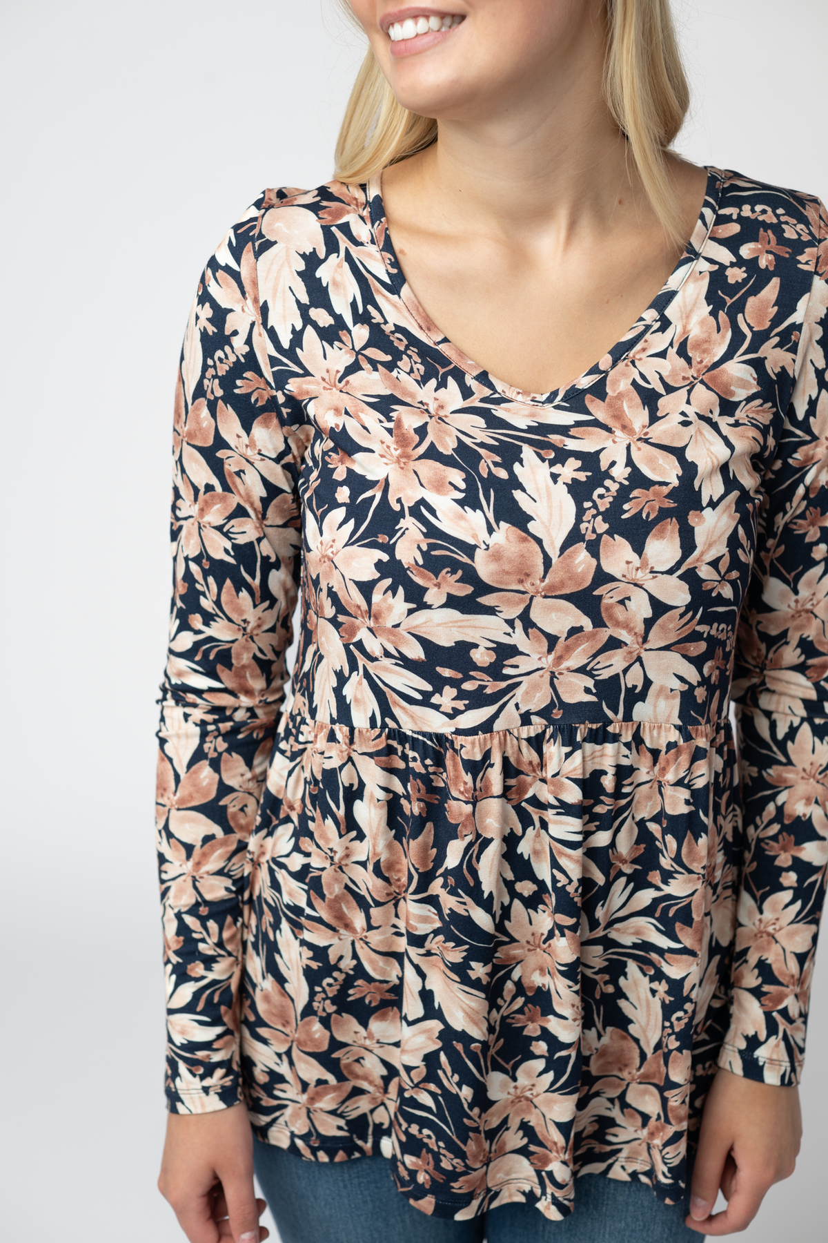 Michelle Mae Long Sleeve Sarah Ruffle Top - Navy Autumn Petals