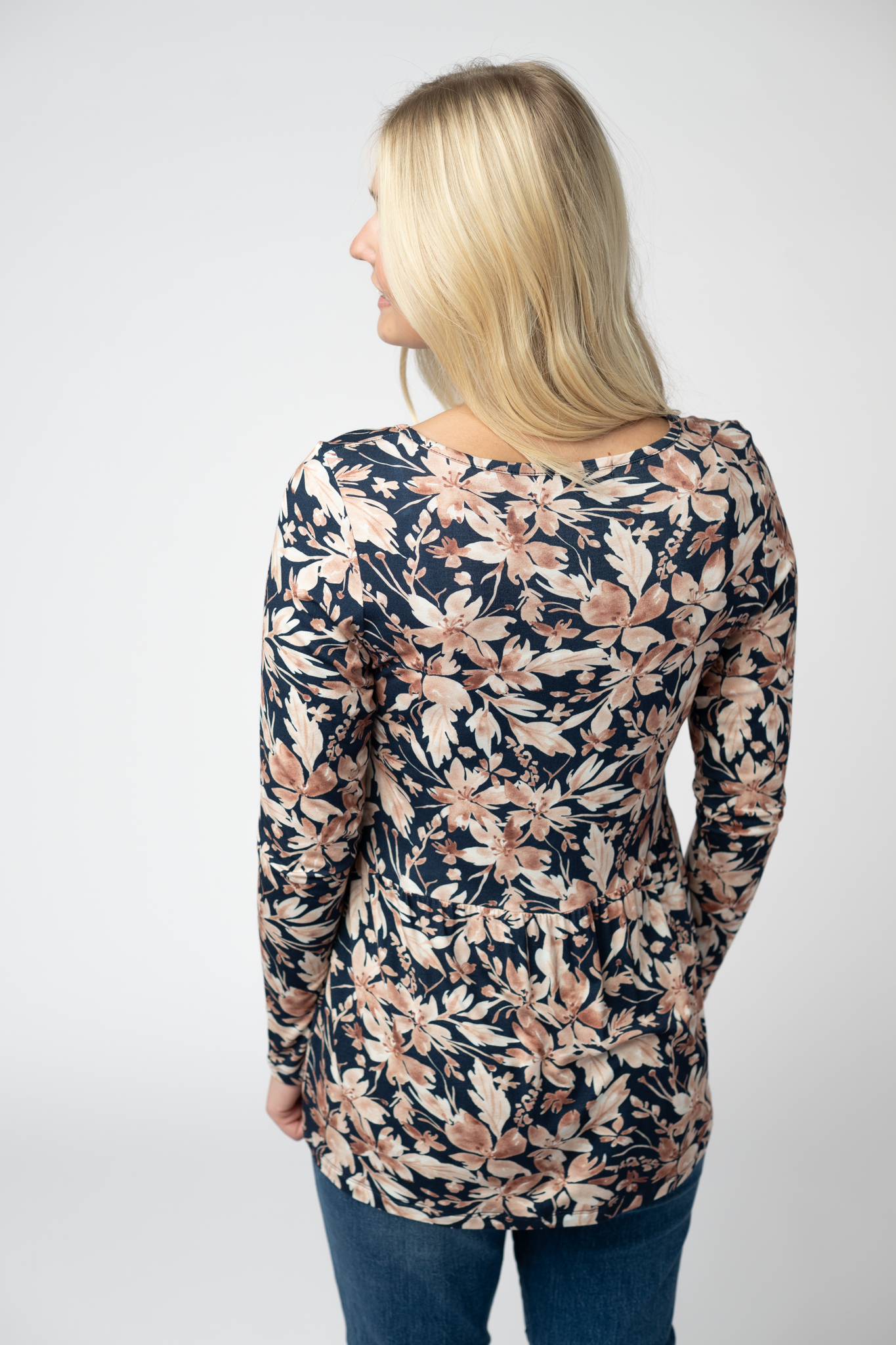 Michelle Mae Long Sleeve Sarah Ruffle Top - Navy Autumn Petals