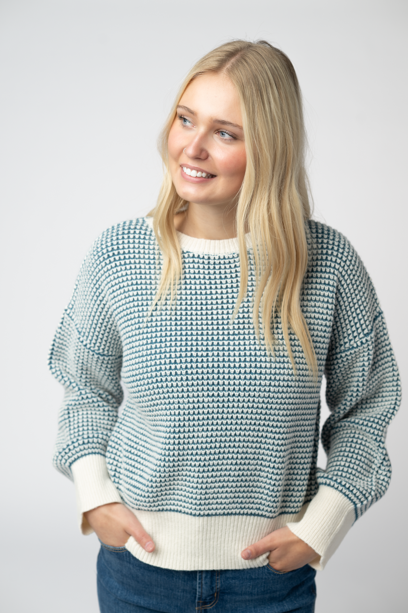 Michelle Mae Charlotte Sweater - Teal and Ivory