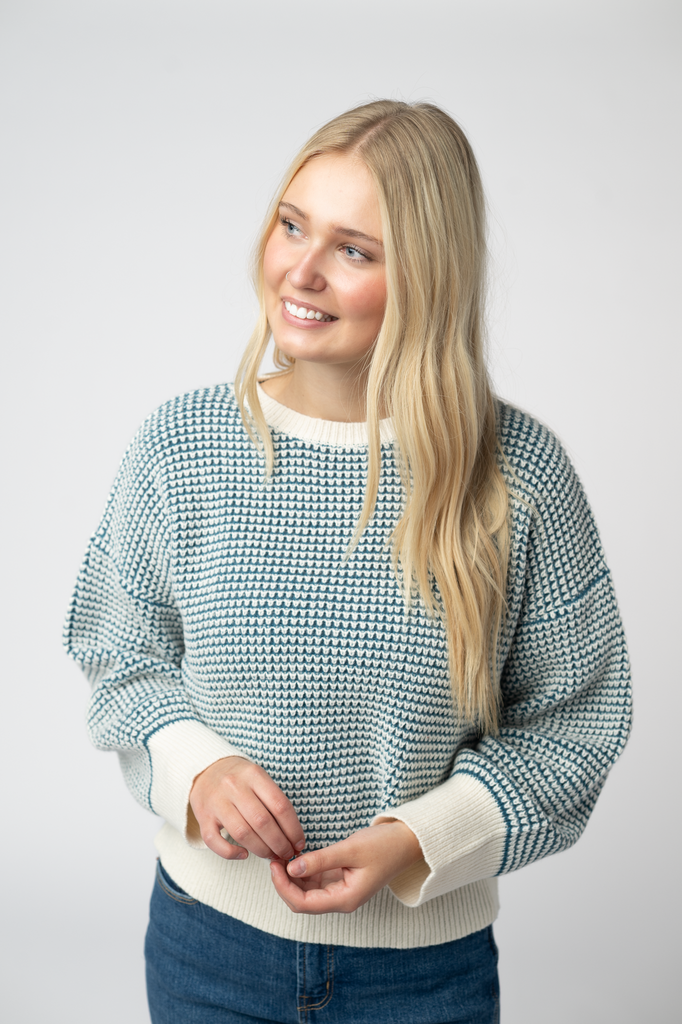 Michelle Mae Charlotte Sweater - Teal and Ivory