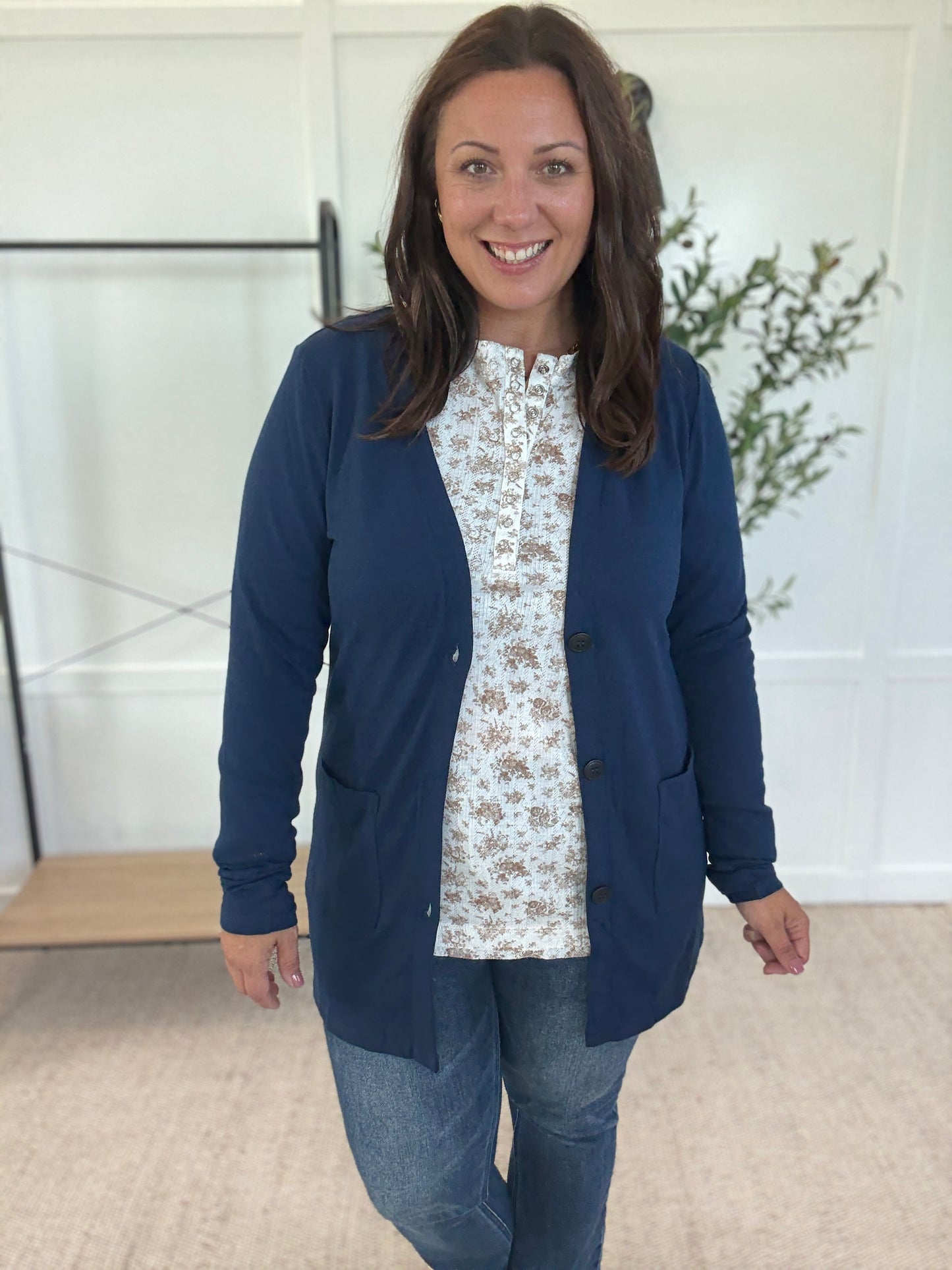 Michelle Mae Button Snap Henley Top - Tan Micro Floral