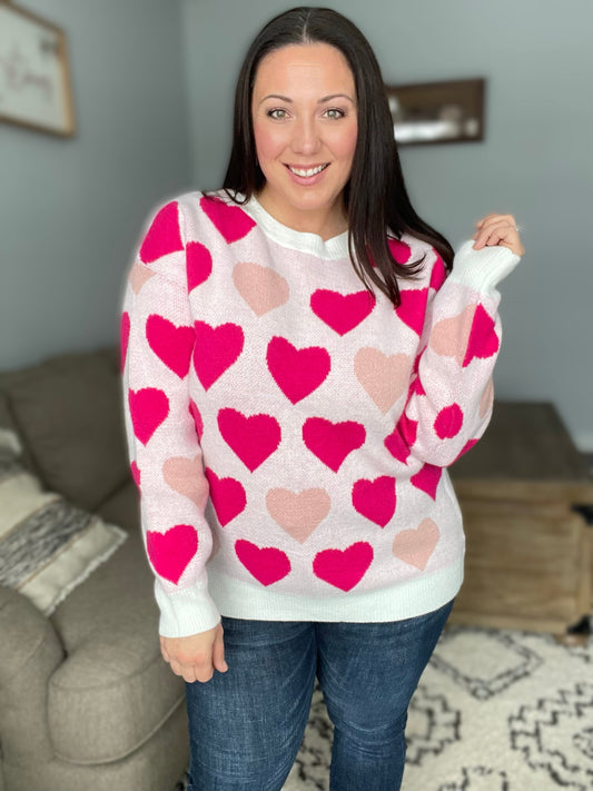 Be Mine Cream & Fuchsia Heart Oversized Sweater