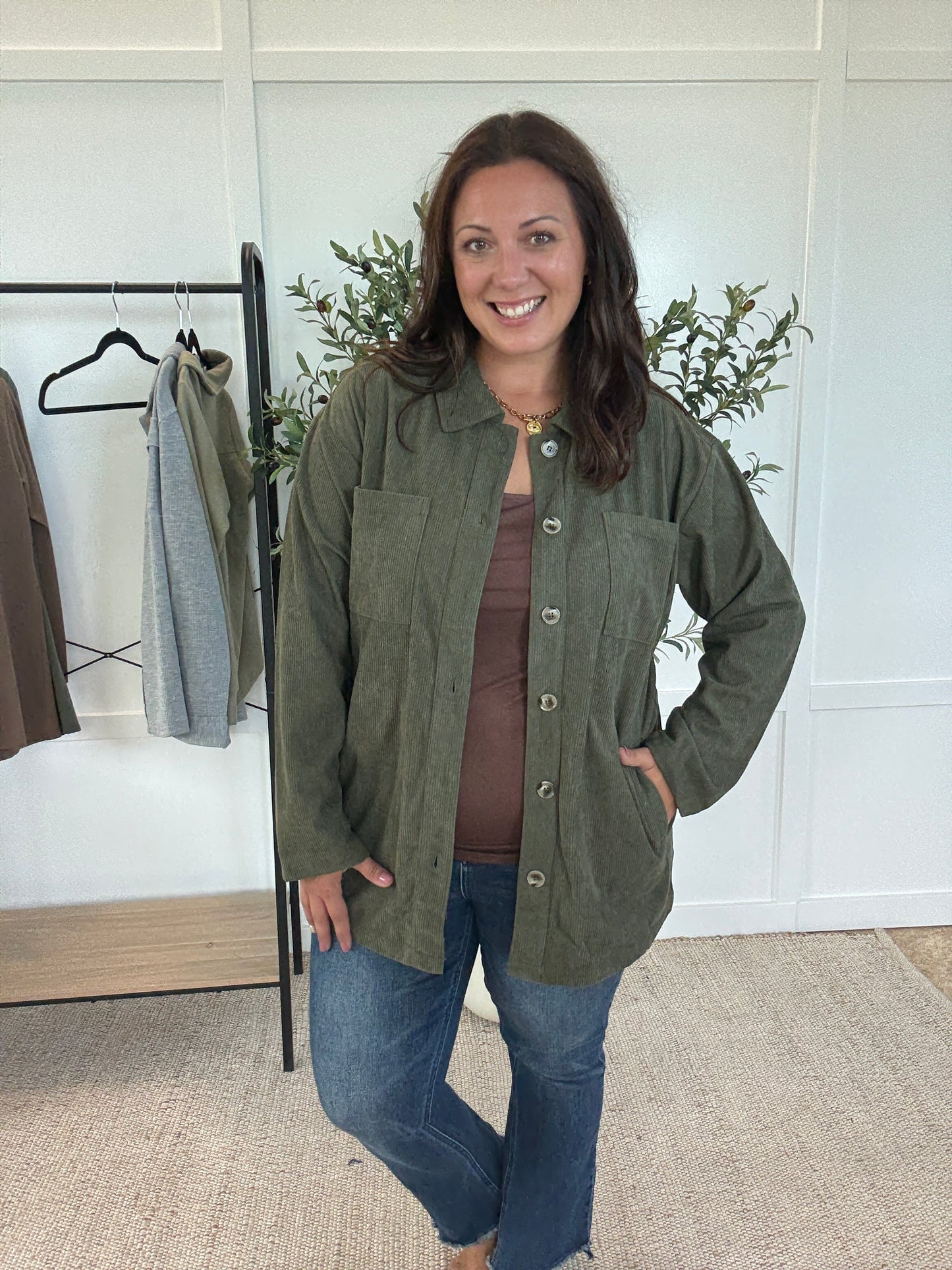 Michelle Mae Lightweight Corduroy Button Down - Olive