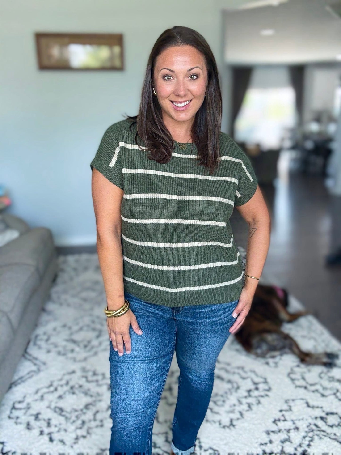 Michelle Mae Striped Sweater Top - Olive and Tan