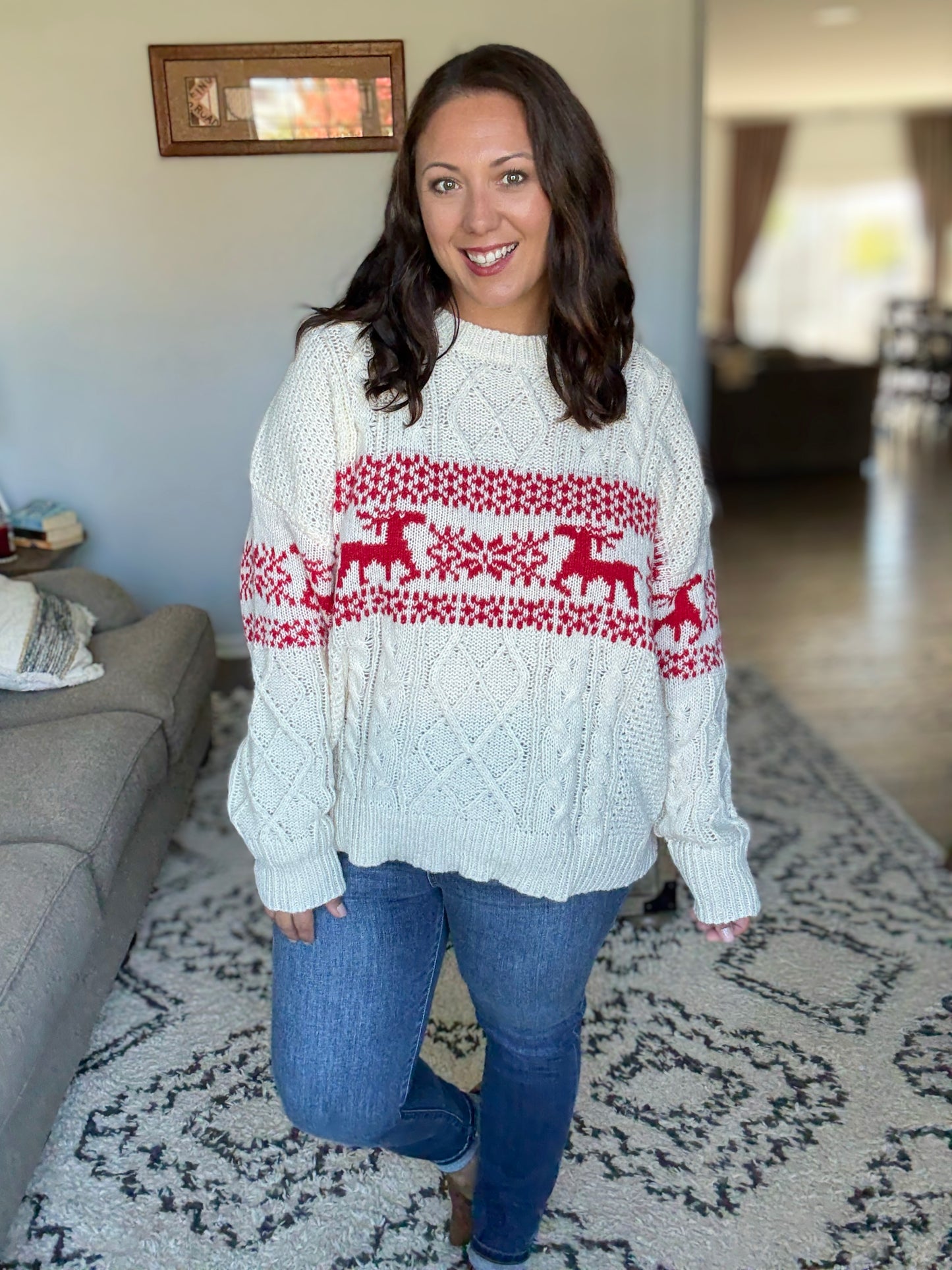 BiBi Christmas Theme Fair Isle Cable Knit Sweater in Ivory/Red