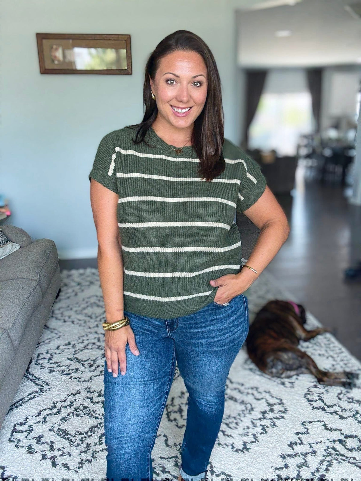 Michelle Mae Striped Sweater Top - Olive and Tan