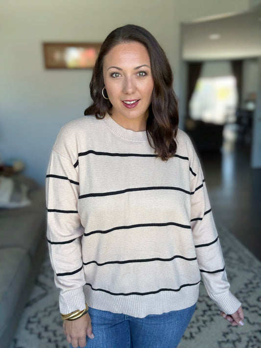 SO ME Striped Crew Neck Essential Sweater in Oatmeal/Black