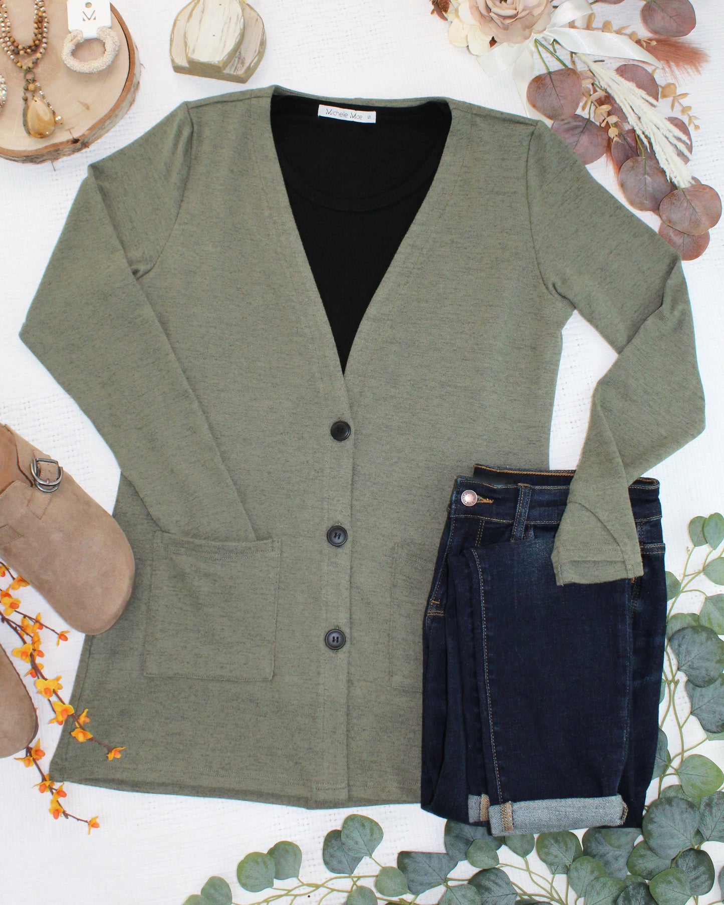 Michelle Mae Cori Cardigan - Heathered Olive