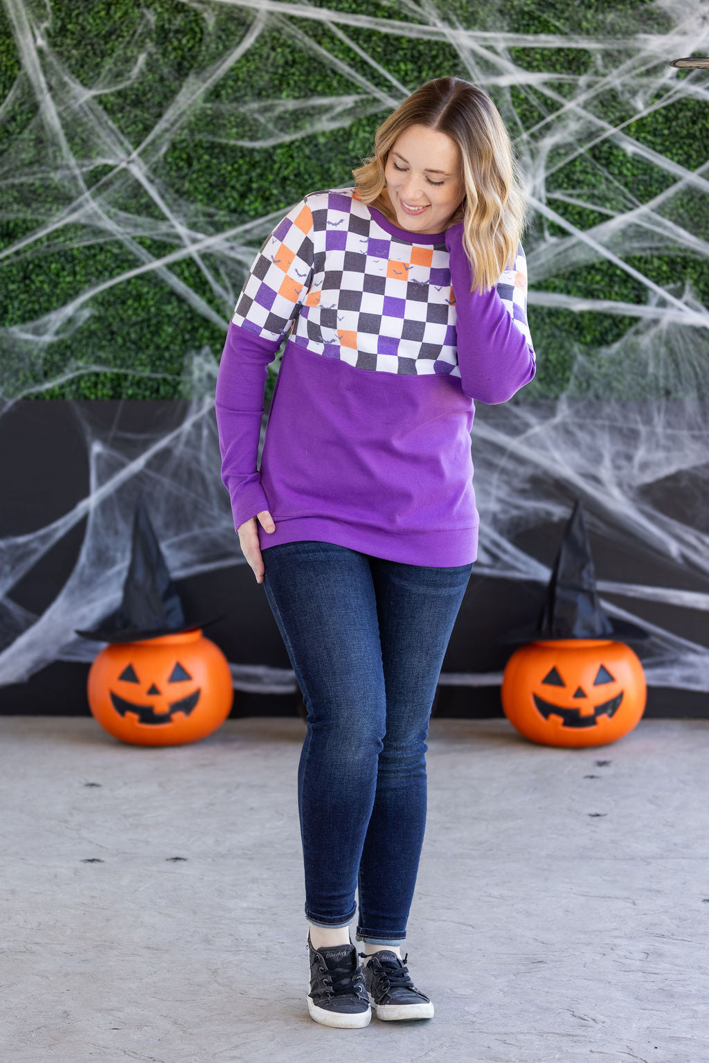 Michelle Mae Natalie Pullover - Checkered Bats and Purple
