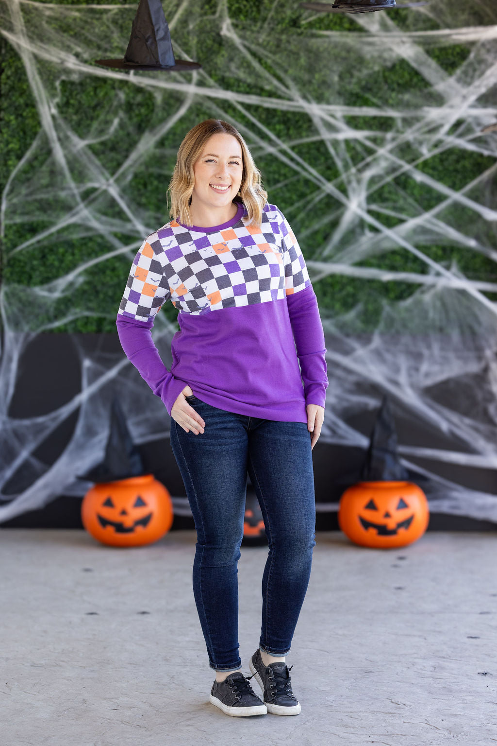 Michelle Mae Natalie Pullover - Checkered Bats and Purple