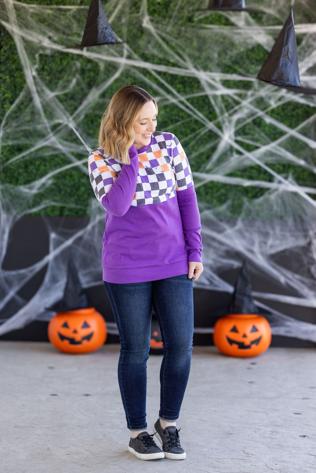 Michelle Mae Natalie Pullover - Checkered Bats and Purple