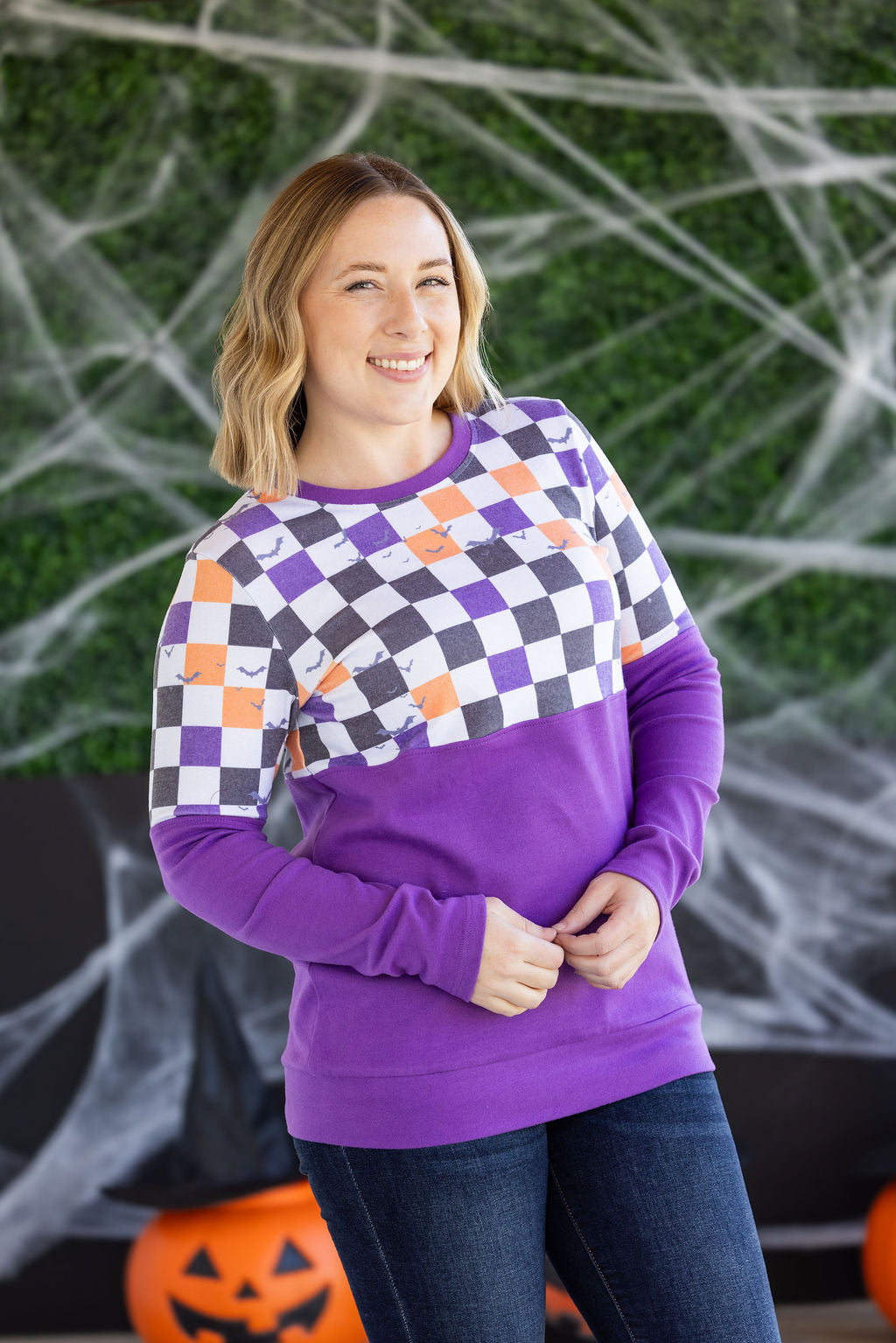 Michelle Mae Natalie Pullover - Checkered Bats and Purple