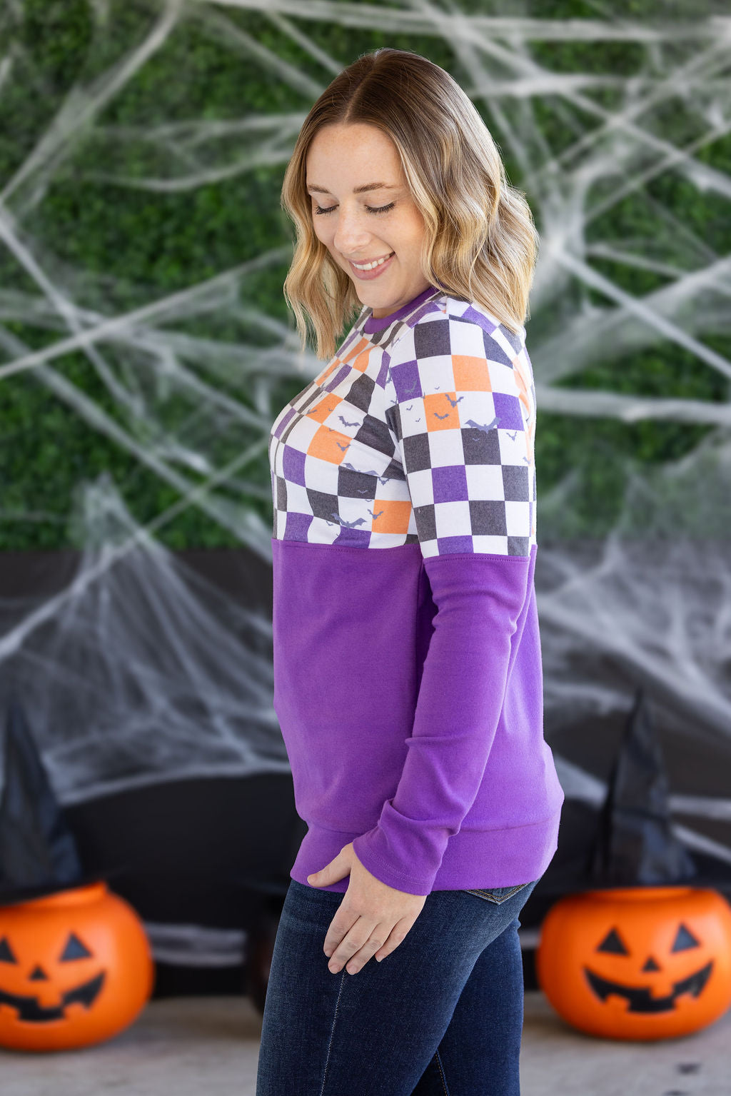 Michelle Mae Natalie Pullover - Checkered Bats and Purple