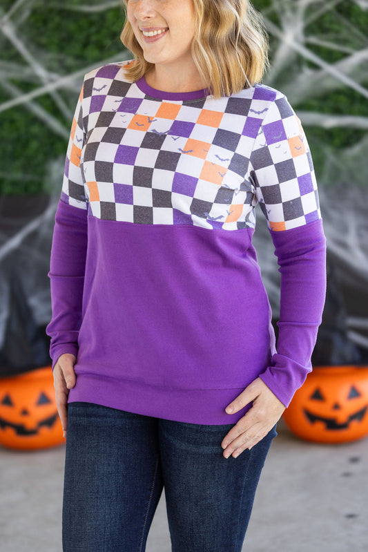 Michelle Mae Natalie Pullover - Checkered Bats and Purple