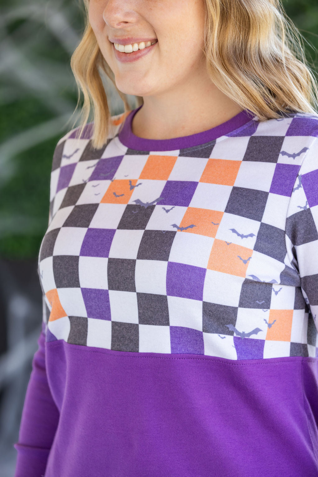 Michelle Mae Natalie Pullover - Checkered Bats and Purple