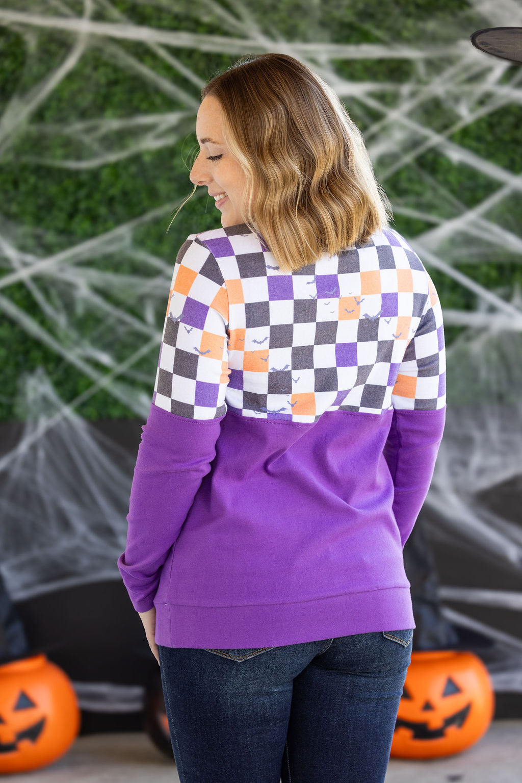 Michelle Mae Natalie Pullover - Checkered Bats and Purple