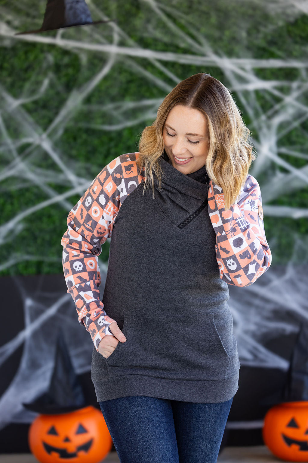 Michelle Mae Zoey ZipCowl Sweatshirt -Trick-or-Treat Checkered and Charcoal