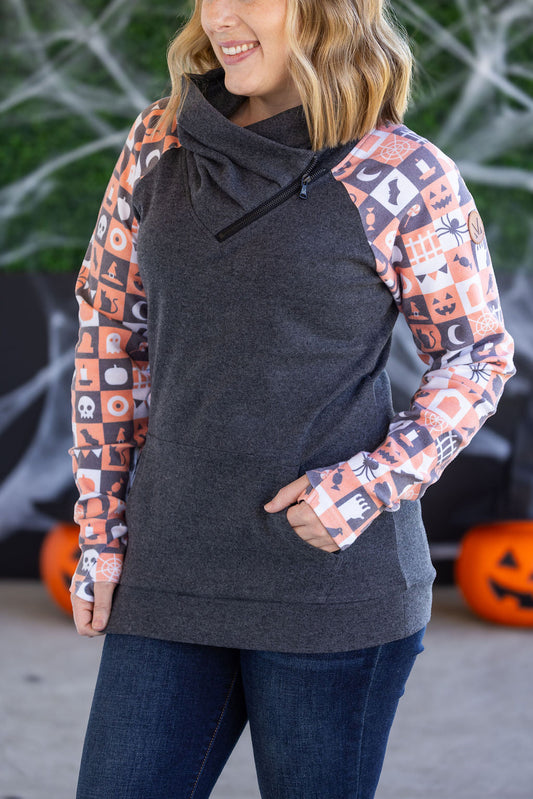 Michelle Mae Zoey ZipCowl Sweatshirt -Trick-or-Treat Checkered and Charcoal