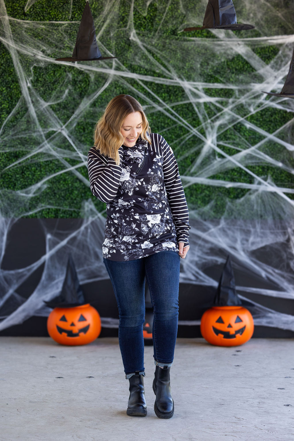 Michelle Mae Zoey ZipCowl Sweatshirt - Black Floral and Stripes
