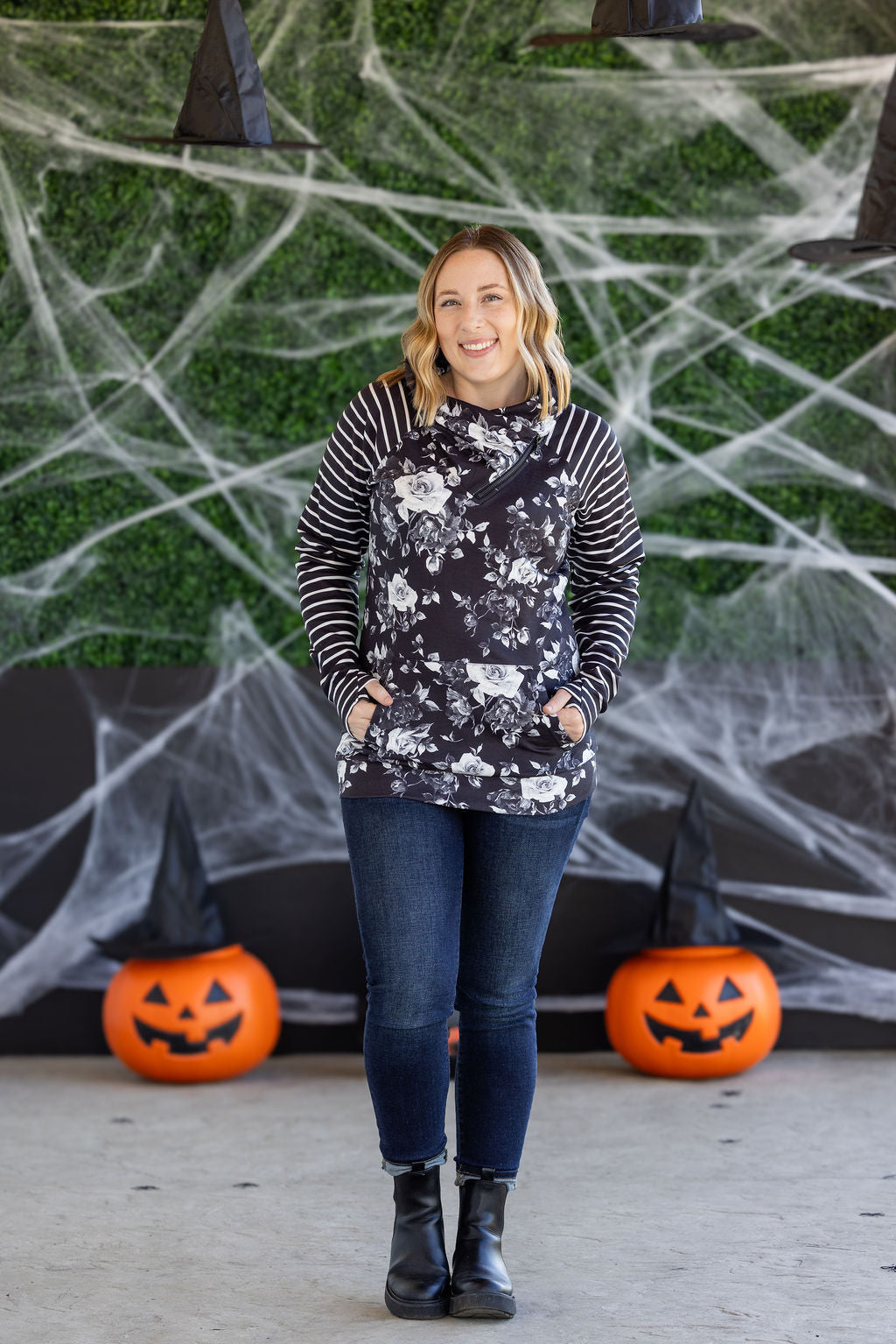 Michelle Mae Zoey ZipCowl Sweatshirt - Black Floral and Stripes