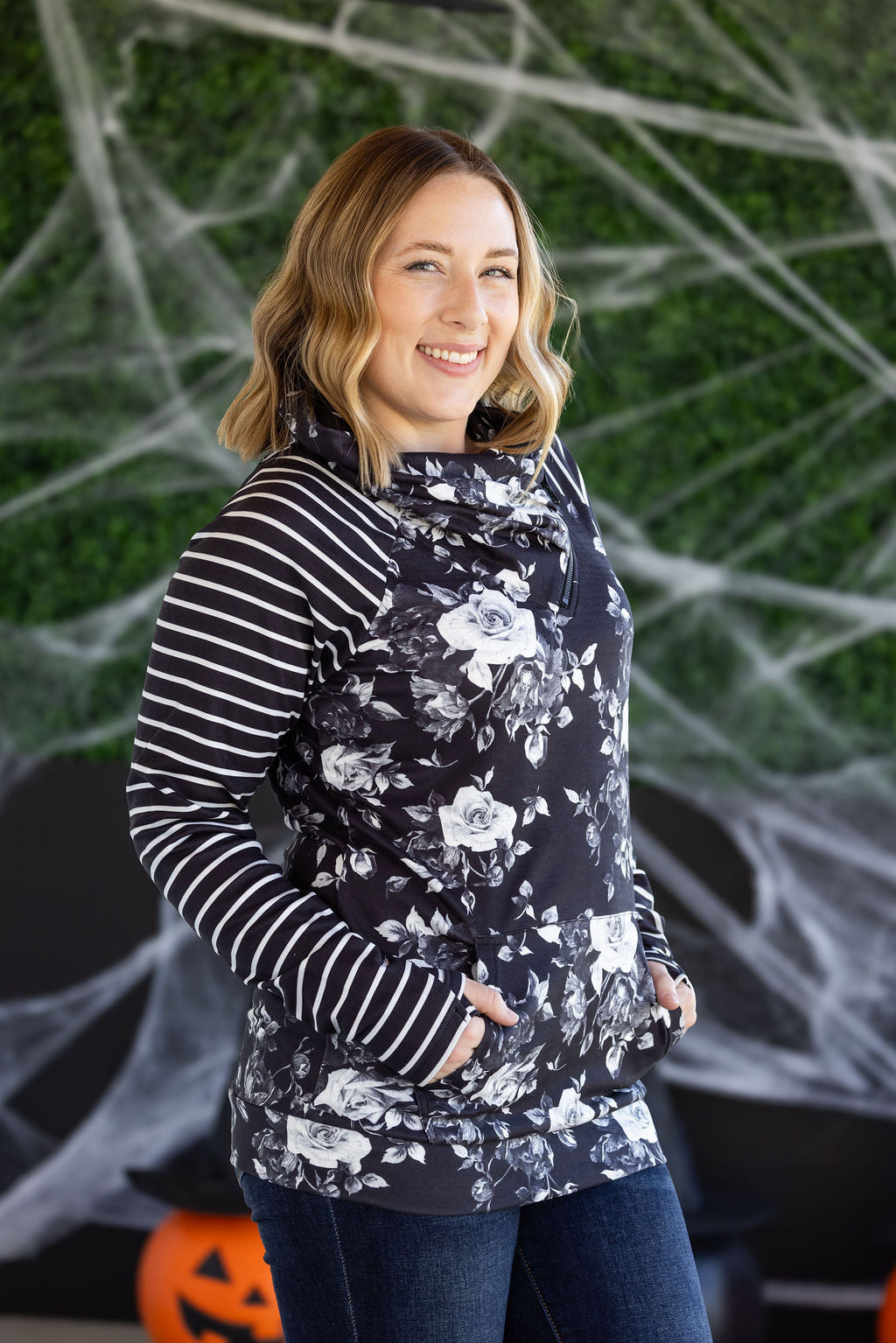 Michelle Mae Zoey ZipCowl Sweatshirt - Black Floral and Stripes