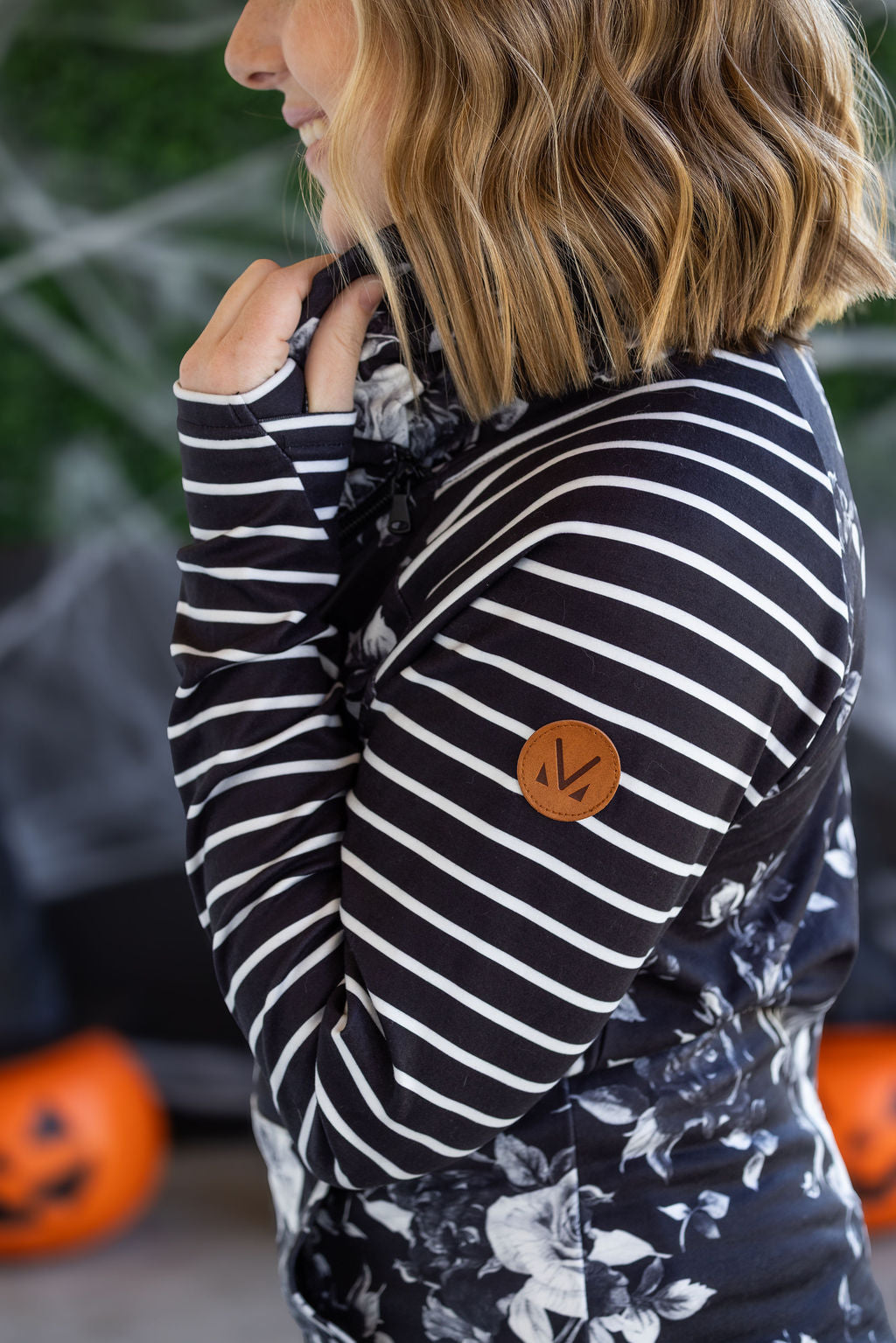 Michelle Mae Zoey ZipCowl Sweatshirt - Black Floral and Stripes