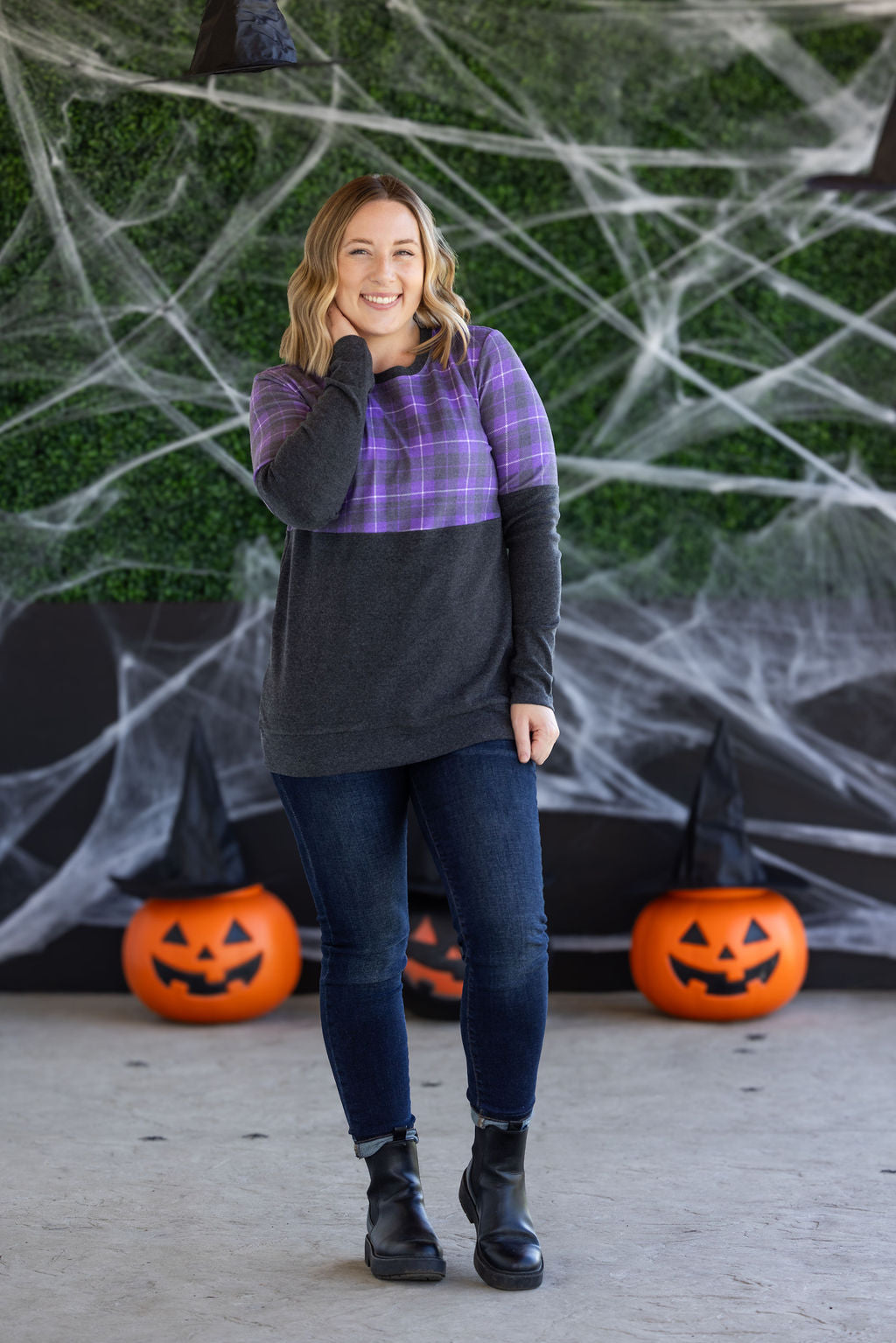 Michelle Mae Natalie Pullover - Purple Plaid and Charcoal