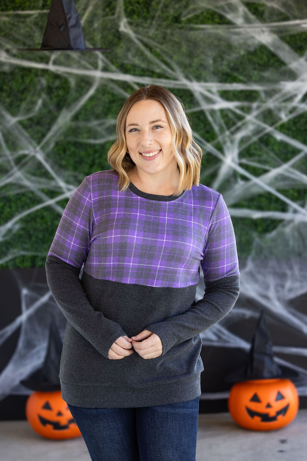 Michelle Mae Natalie Pullover - Purple Plaid and Charcoal