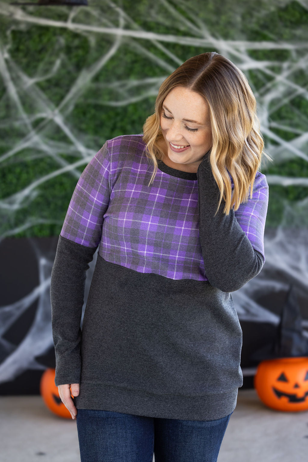 Michelle Mae Natalie Pullover - Purple Plaid and Charcoal