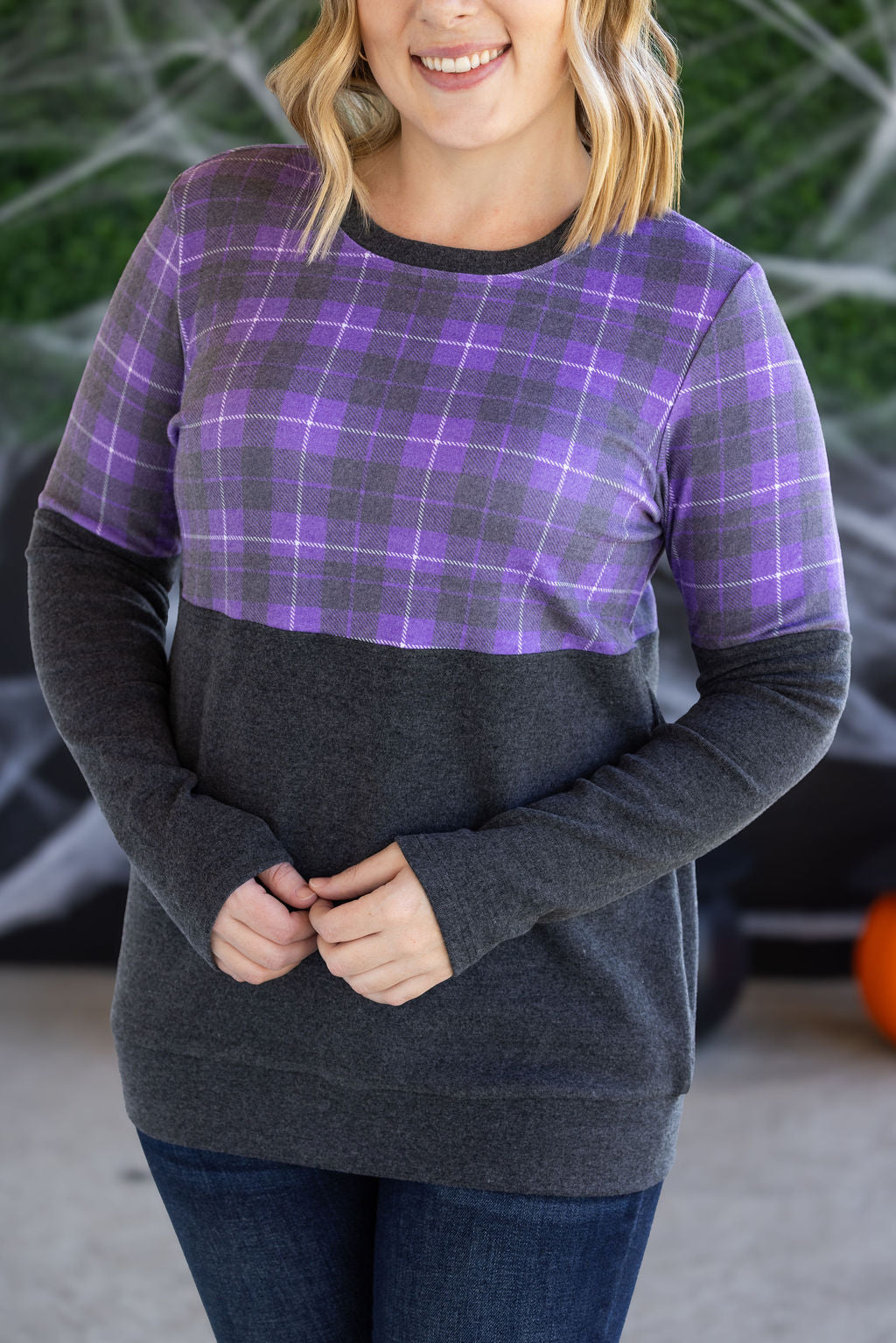 Michelle Mae Natalie Pullover - Purple Plaid and Charcoal