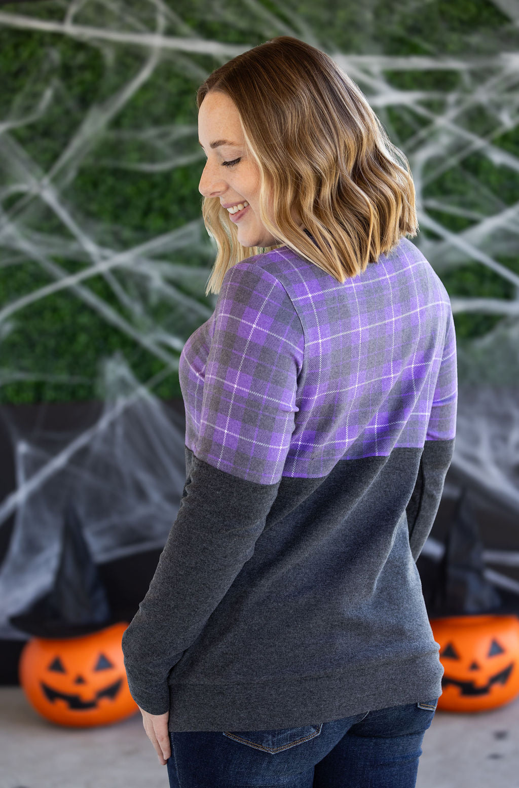 Michelle Mae Natalie Pullover - Purple Plaid and Charcoal