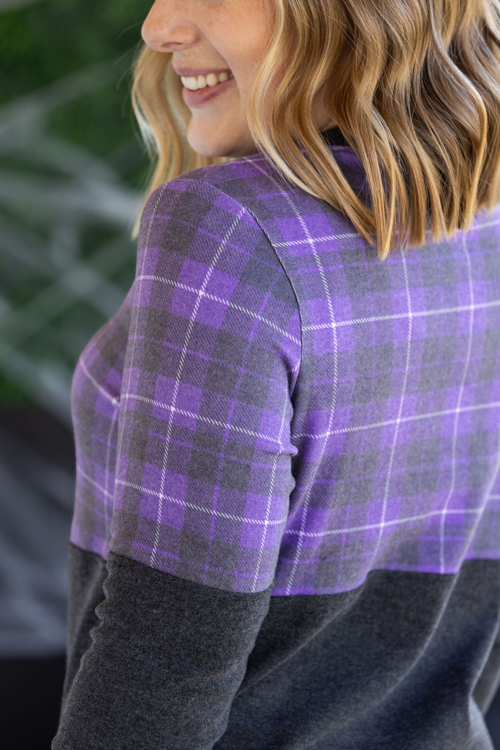 Michelle Mae Natalie Pullover - Purple Plaid and Charcoal
