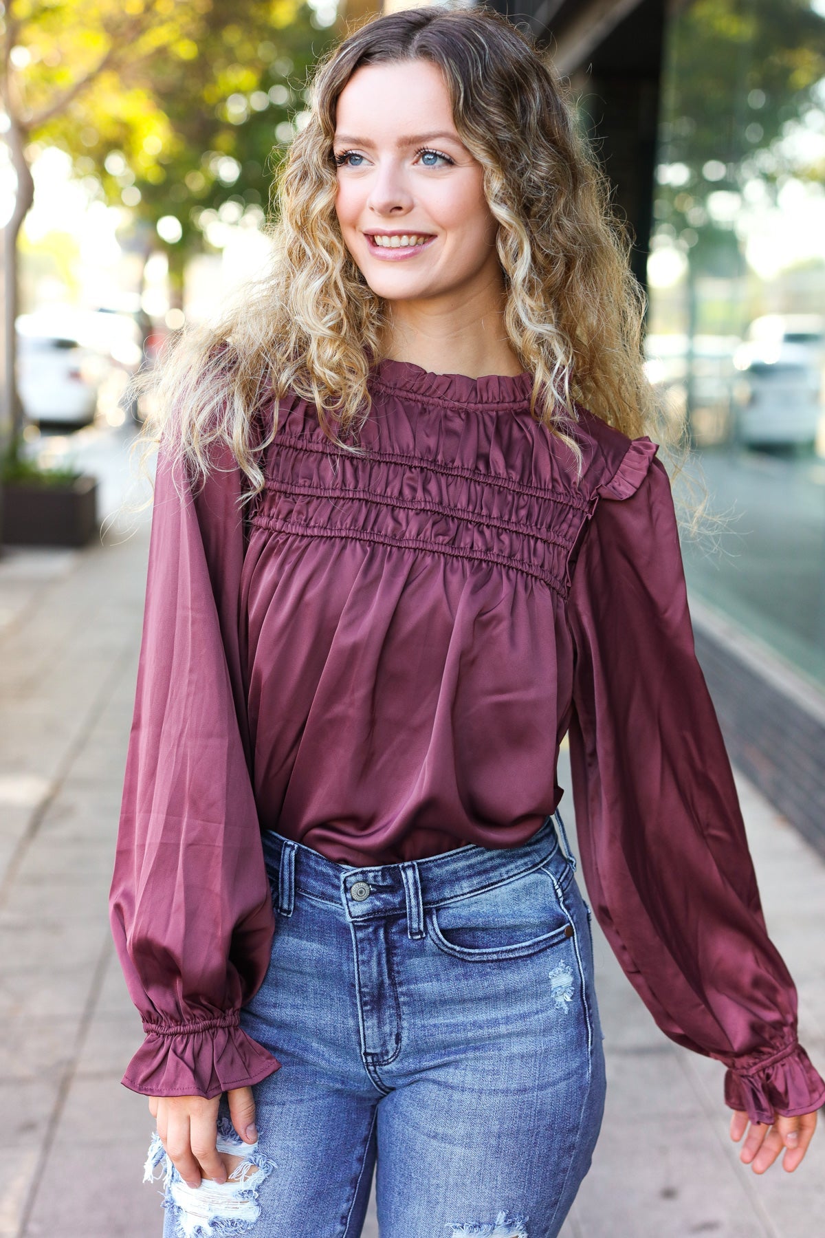 Be Your Best Satin Shirred Yoke Frilled Mock Neck Top in Wine