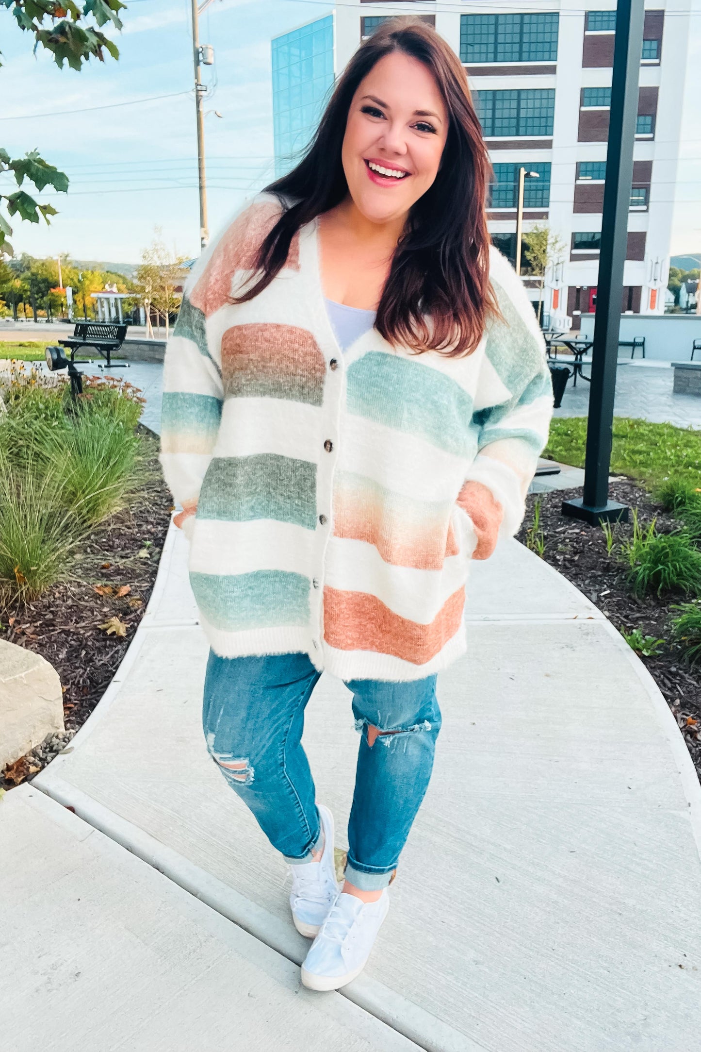 Ombre Feelings Ivory Striped Button Down Fuzzy Knit Cardigan