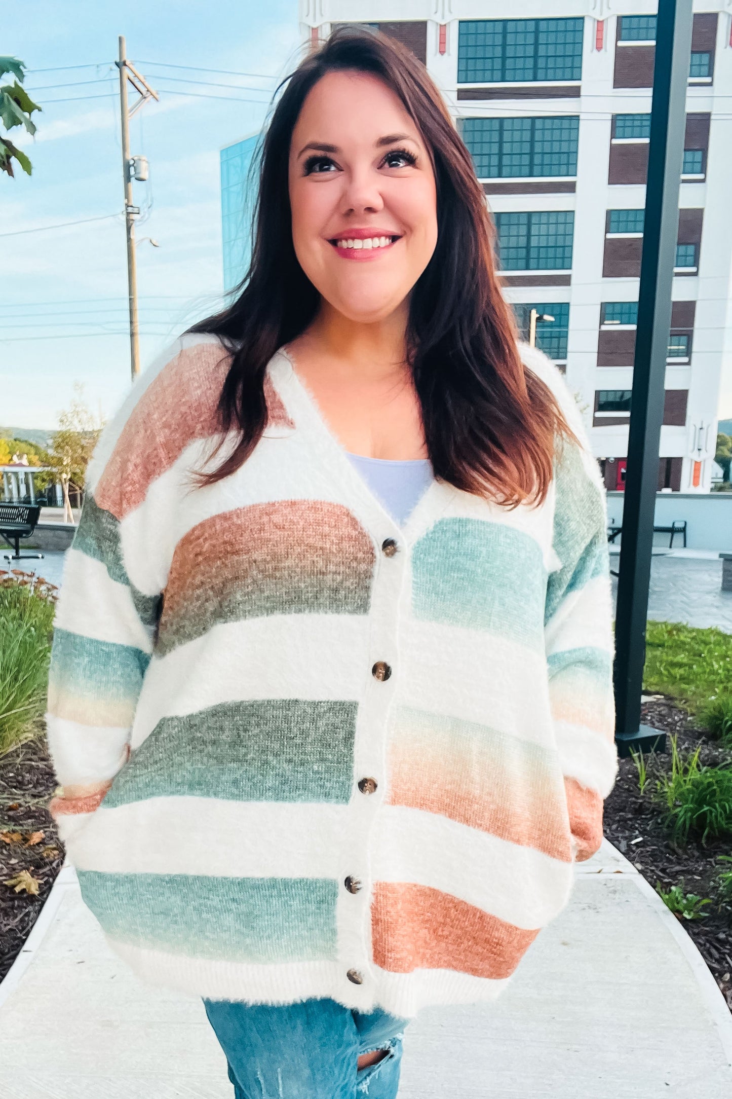 Ombre Feelings Ivory Striped Button Down Fuzzy Knit Cardigan