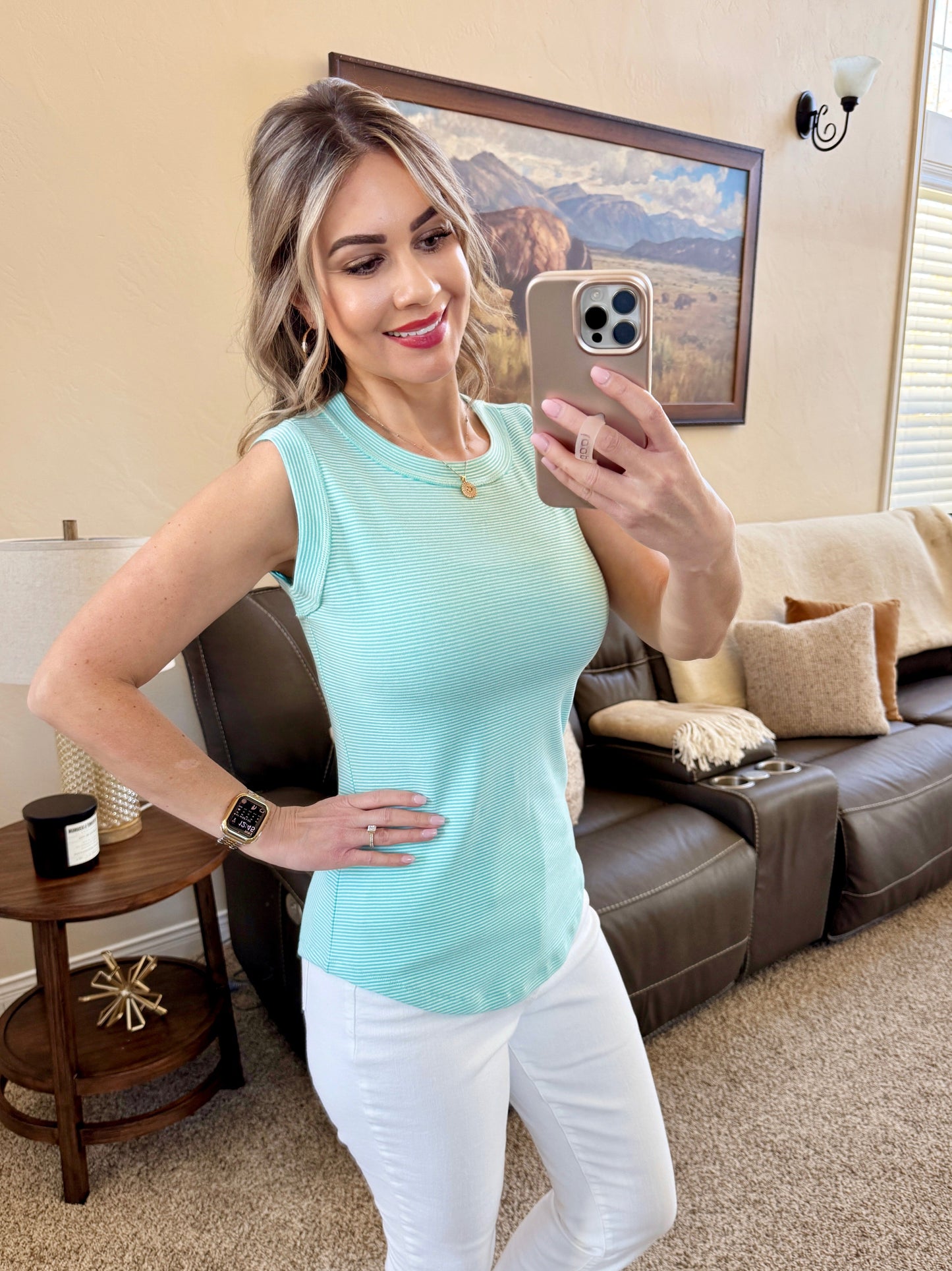 Michelle Mae Morgan Micro Striped Tank - Turquoise